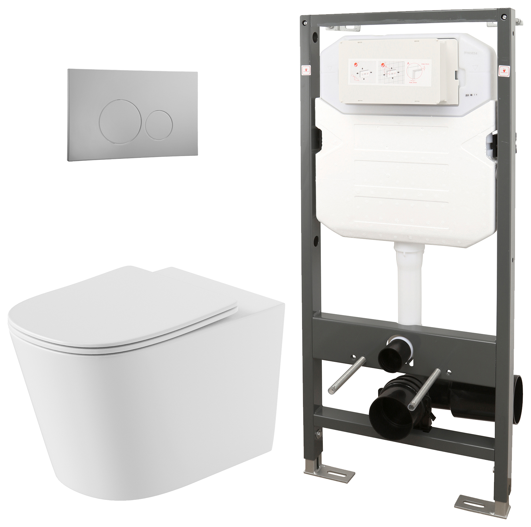 Concept Easy Clean Wall Hung Toilet Pan with Slim Seat, 1140mm Frame & Round Chrome Flush Plate