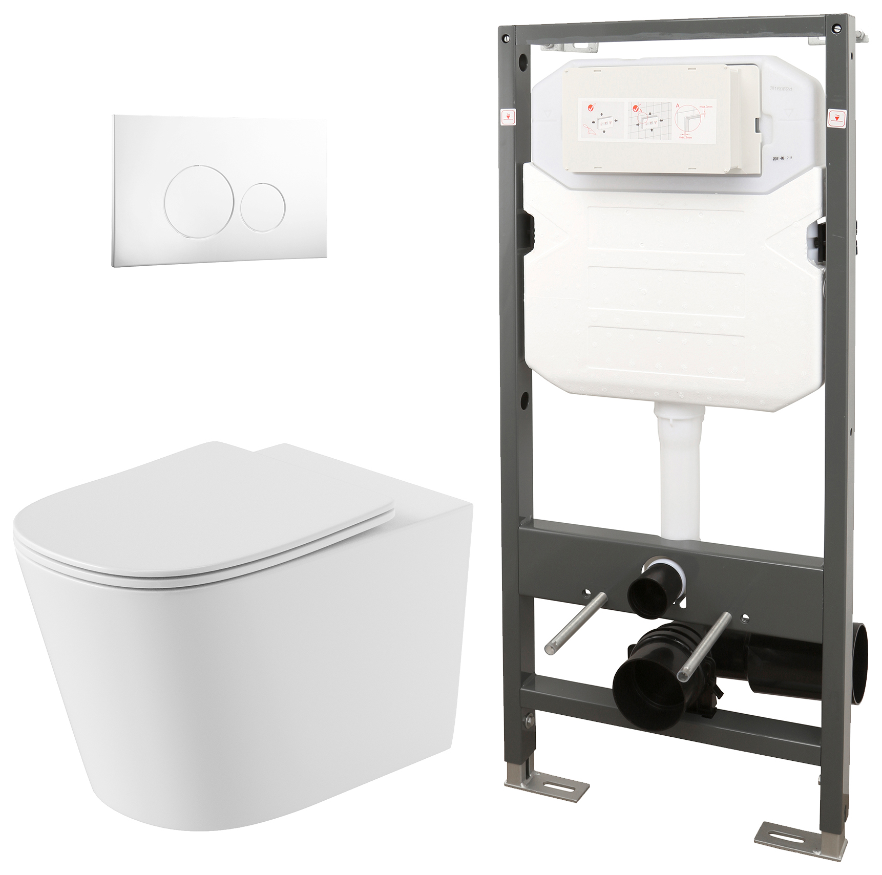 Concept Easy Clean Wall Hung Toilet Pan with Slim Seat, 1140mm Frame & Round White Flush Plate