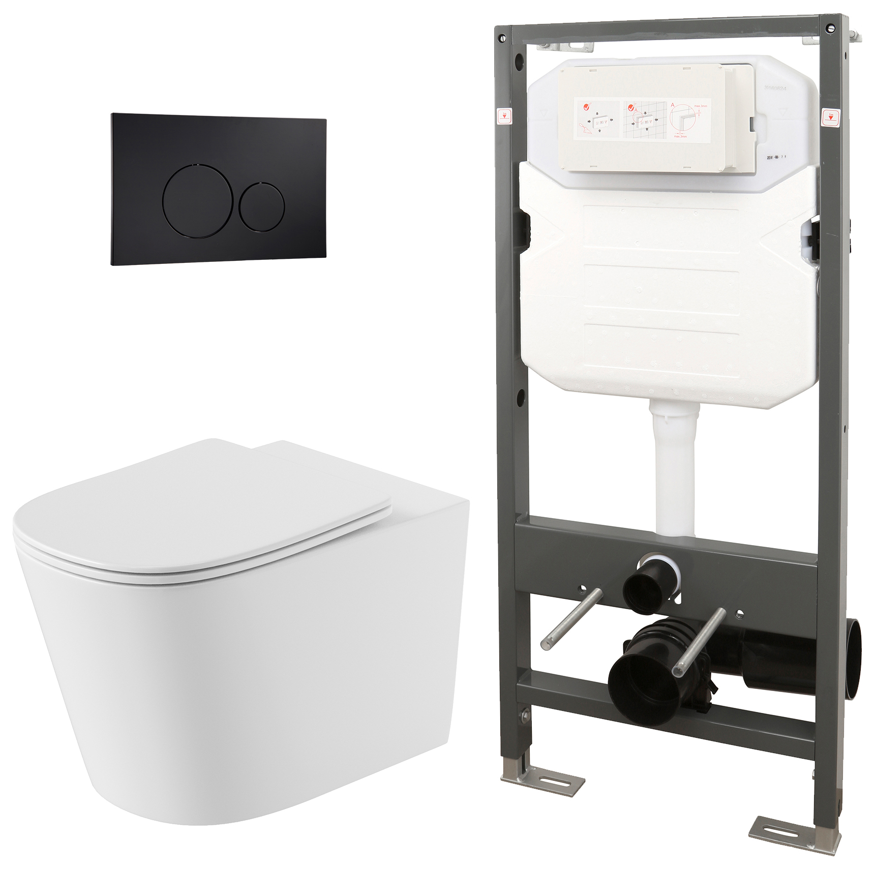 Concept Easy Clean Wall Hung Toilet Pan with Slim Seat, 1140mm Frame & Round Black Flush Plate