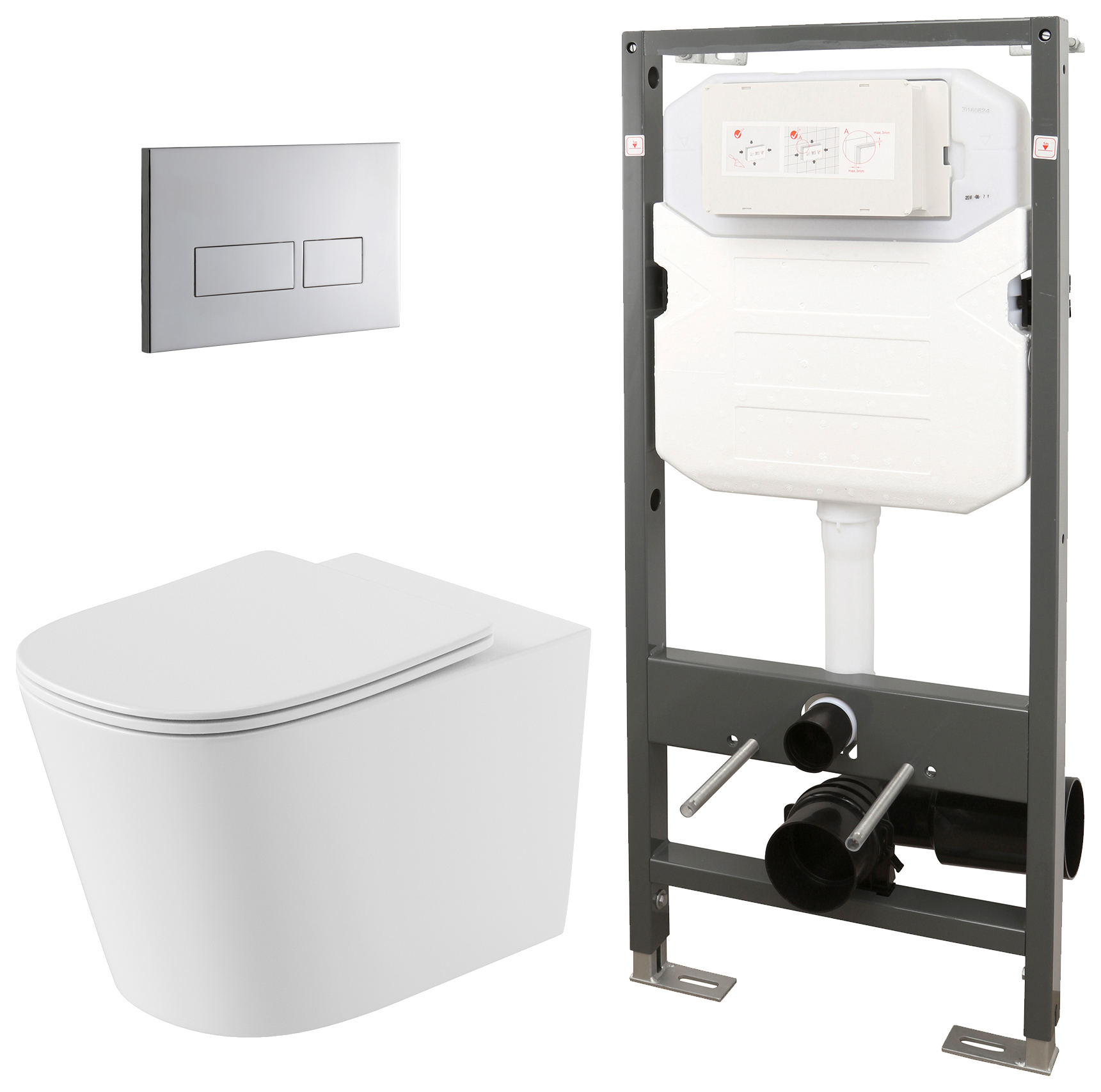 Concept Easy Clean Wall Hung Toilet Pan with Slim Seat, 1140mm Frame & Square Chrome Flush Plate