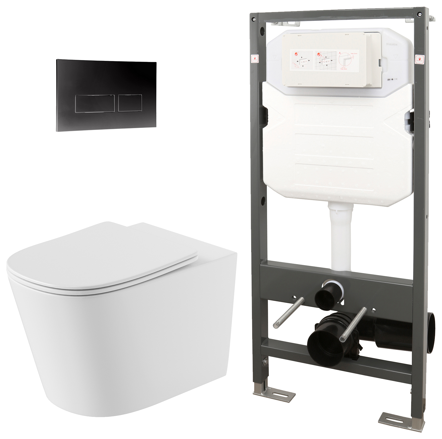 Concept Easy Clean Wall Hung Toilet Pan with Slim Seat, 1140mm Frame & Square Black Flush Plate