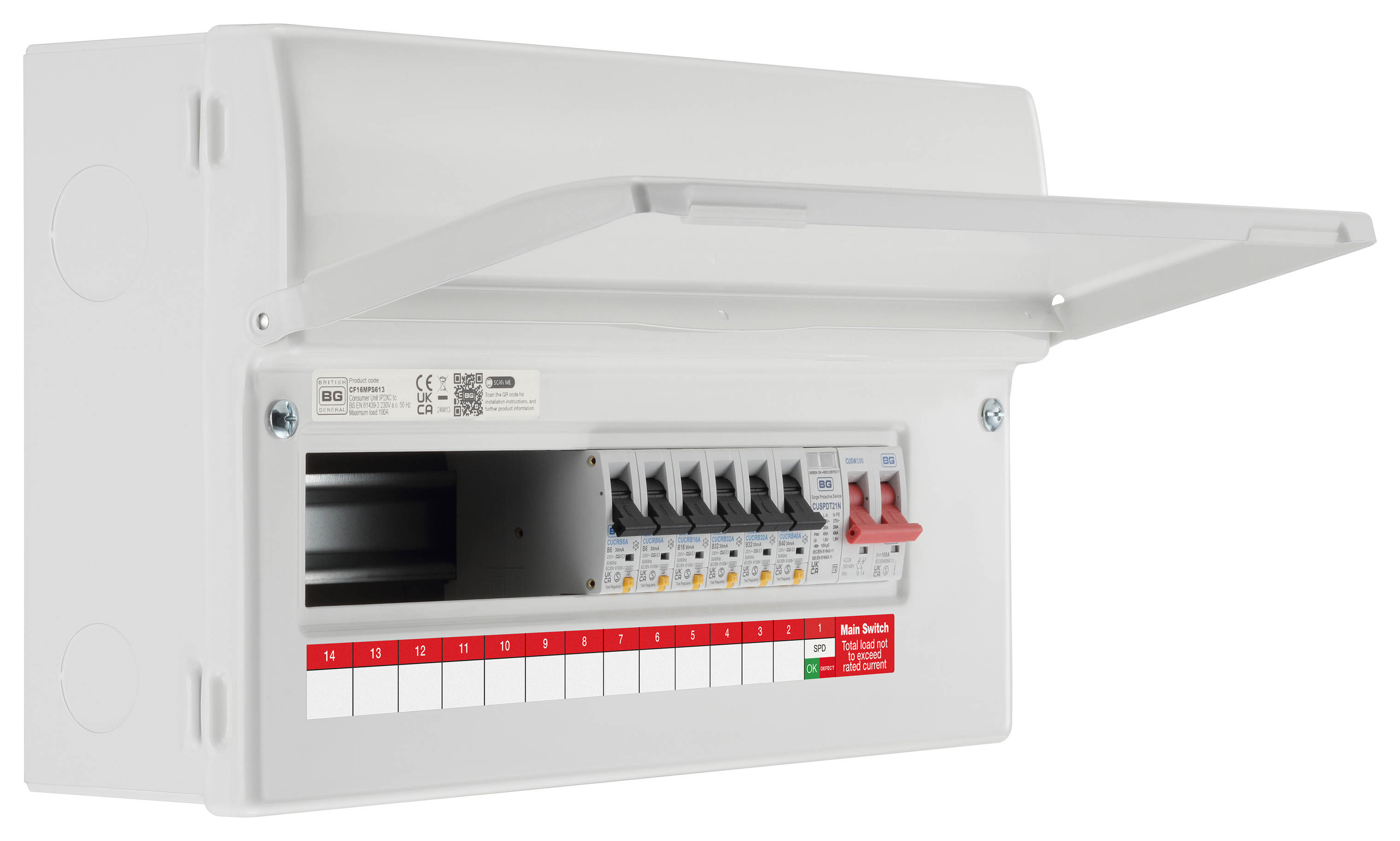 BG Main Switch 100A Populated 16-Module 13 Way Consumer Unit with Type 2 SPD & 6 x Type A RCBOs