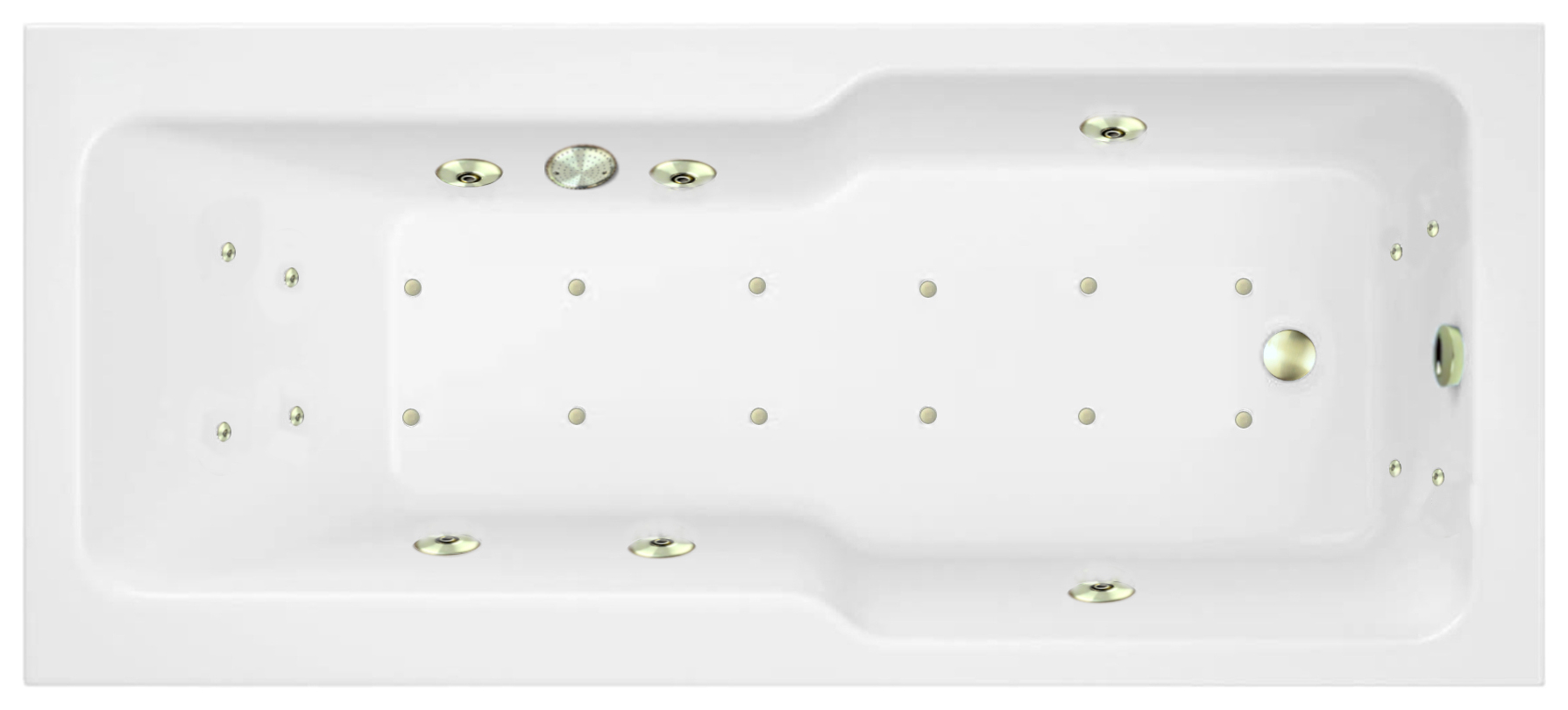 Wickes Treyford 14 Brushed Brass Jet Whirlpool Shower Bath with Airspa & LED Light - 1700 x 750mm