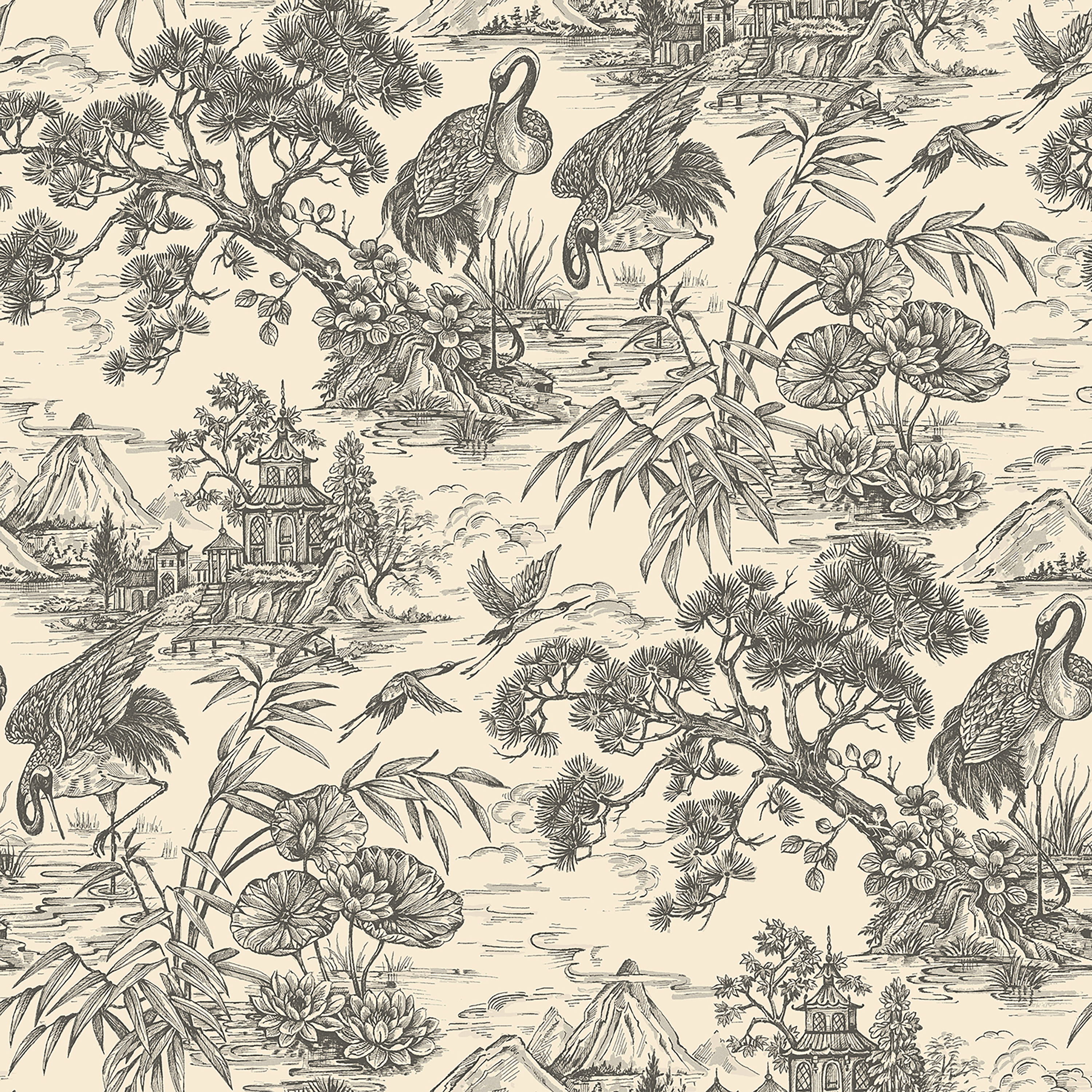 Holden Crane Lagoon Cream & Charcoal Wallpaper - 10m