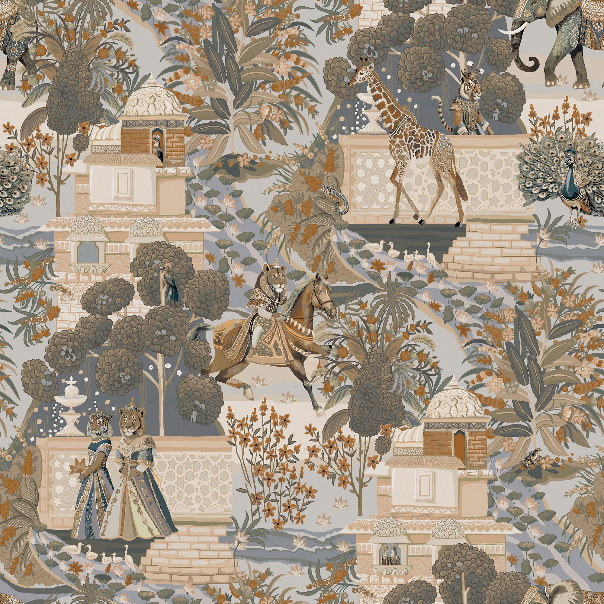Holden Animal Palace Navy/Orange Wallpaper - 10m