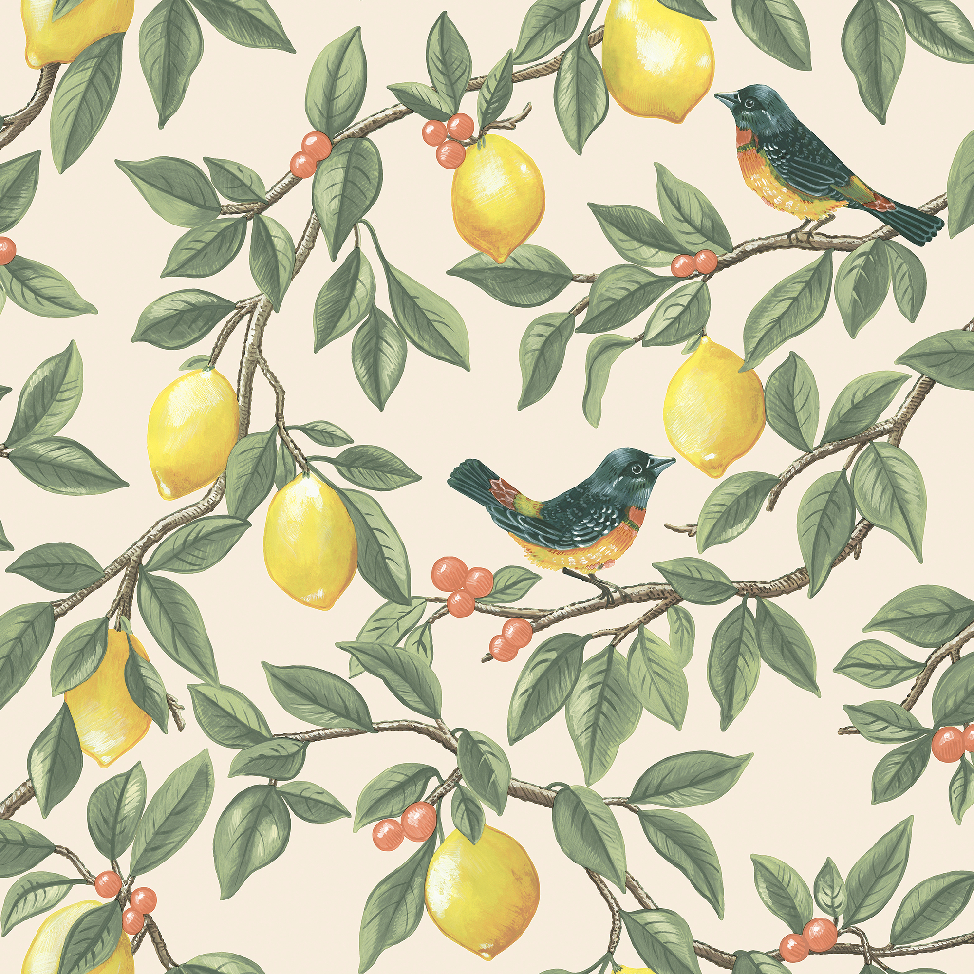Holden Lemon Leaf Trail Cream & Orange Wallpaper - 10m