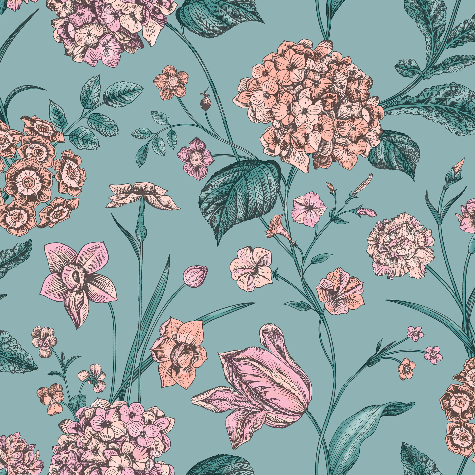 Rasch Amelie Hydrangea Teal Wallpaper - 10m