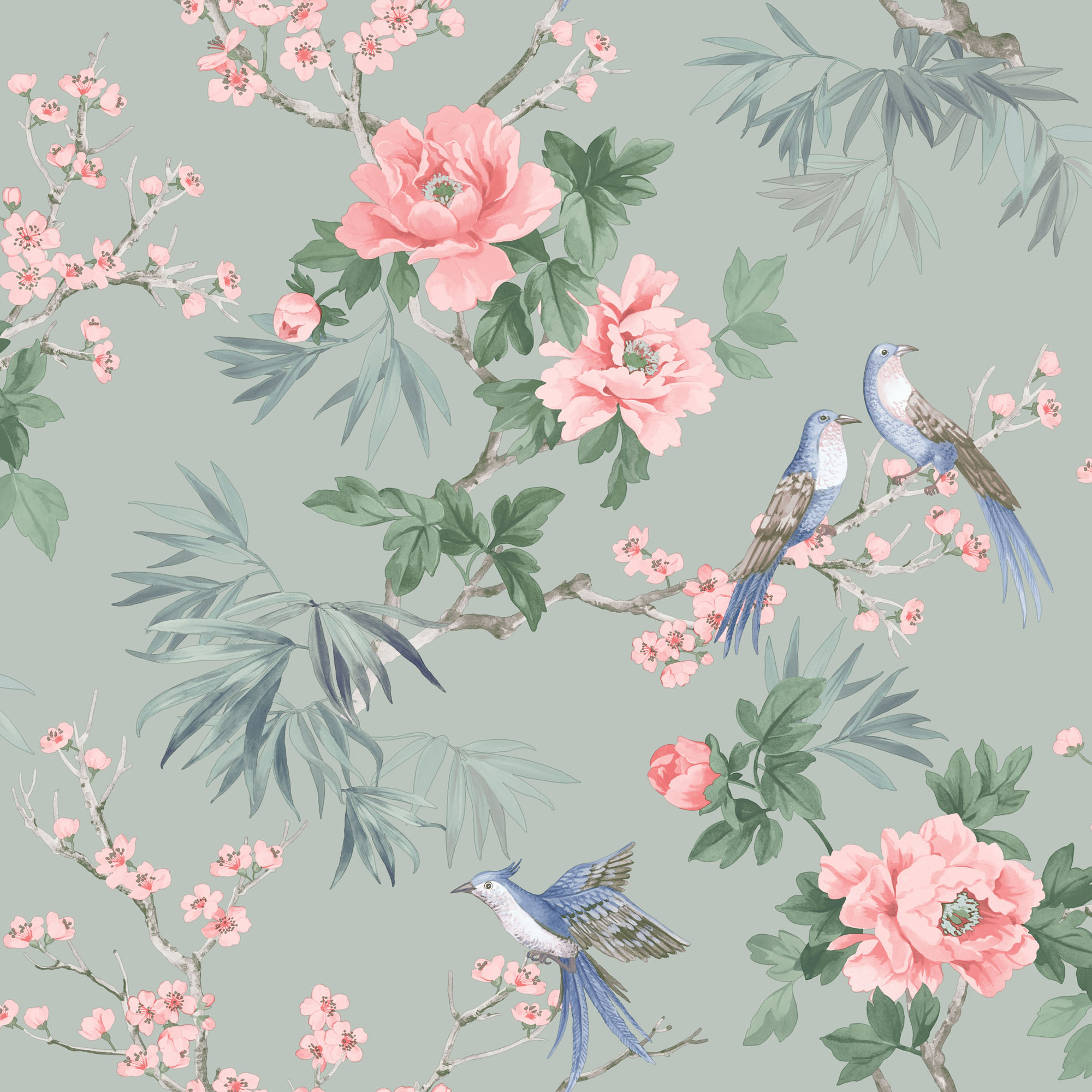Rasch Amelie Chinoiserie Sage Wallpaper - 10m