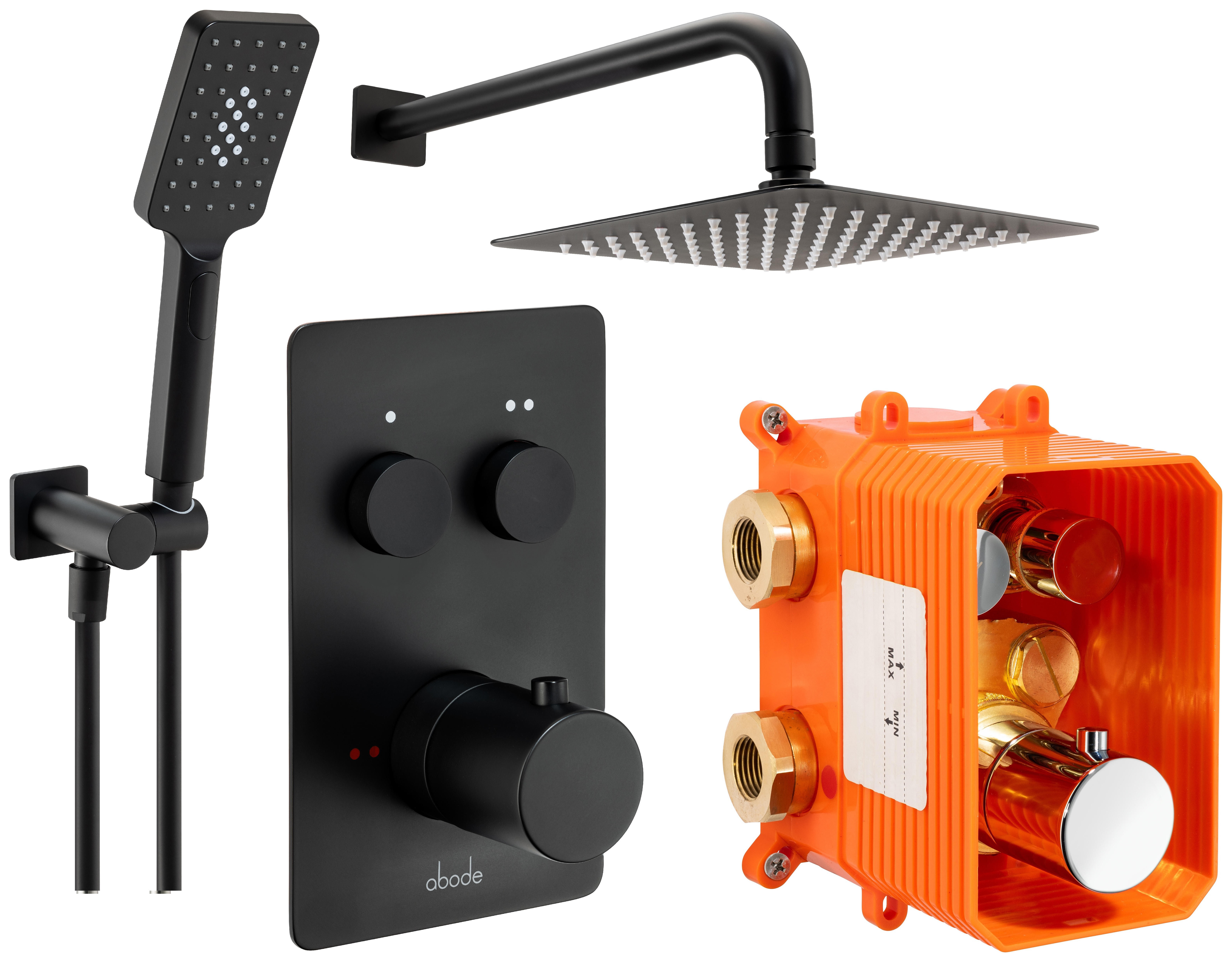 Abode UNO Dual Outlet Round Mixer Shower includes Shower Valve, Shower Head & Riser Rail - Black