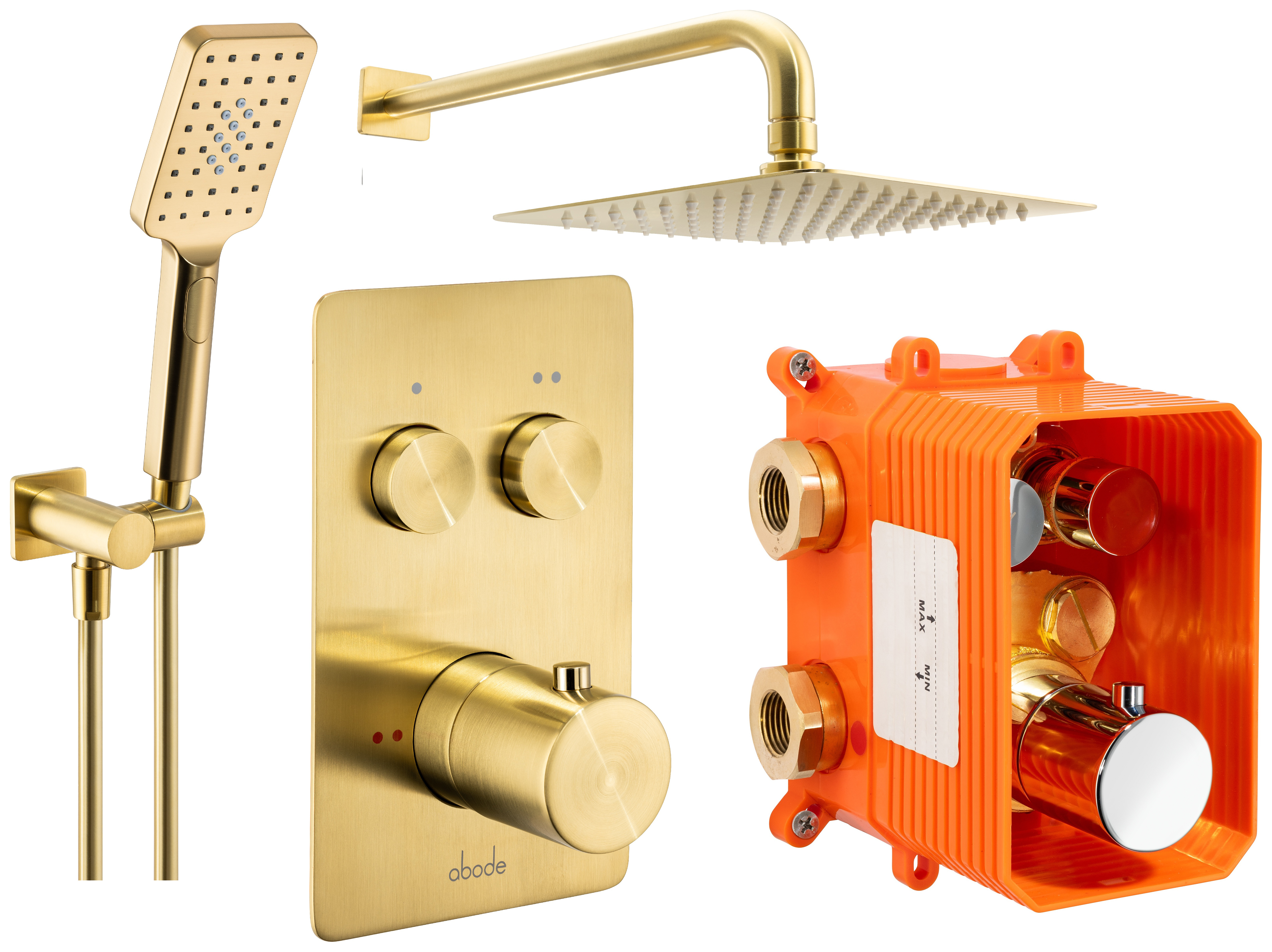 Abode UNO Dual Outlet Round Mixer Shower includes Shower Valve, Shower Head & Riser Rail - Brushed Brass