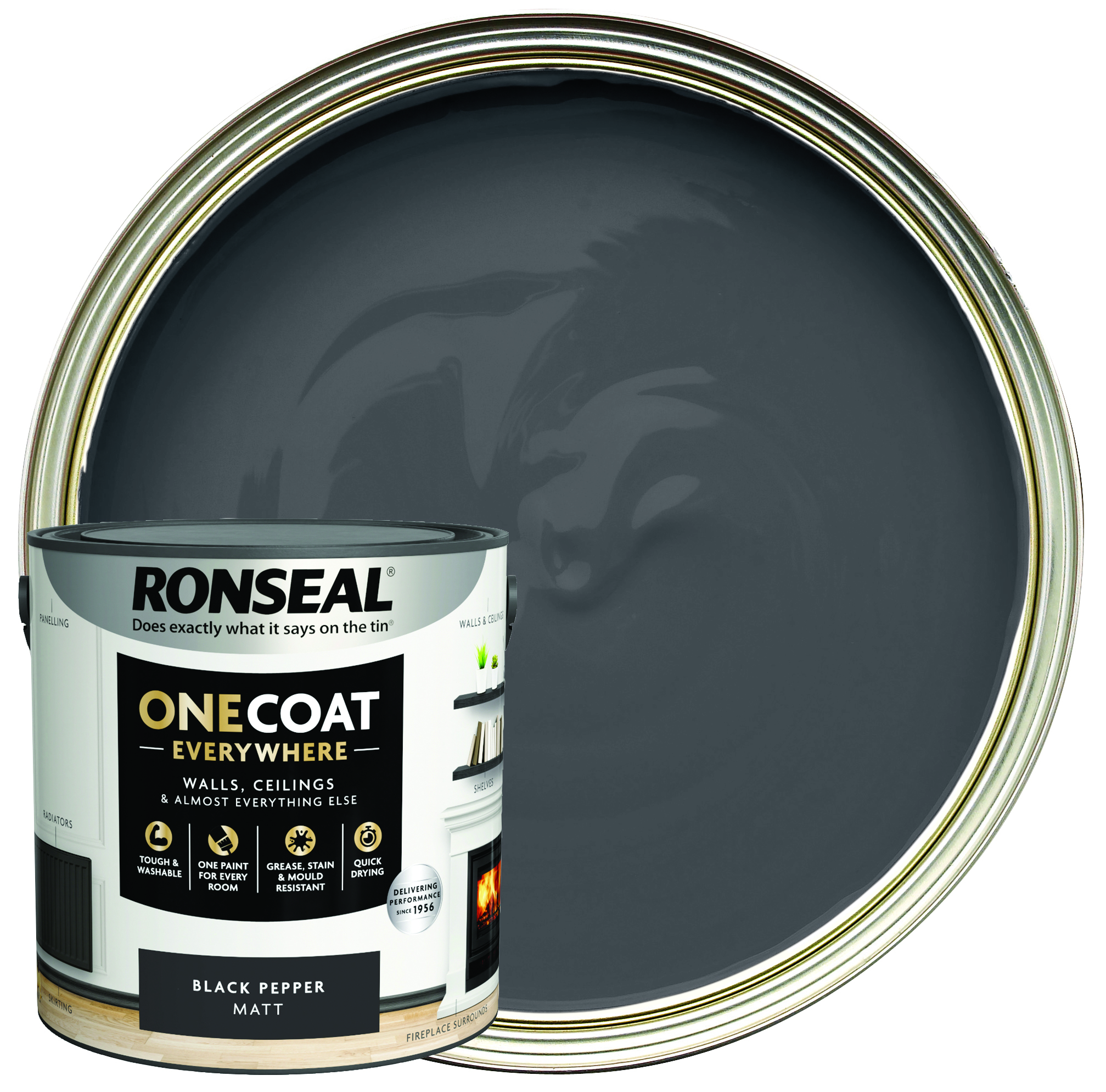 Ronseal One Coat Everywhere Matt Emulsion Paint - Black Pepper - 2.5L