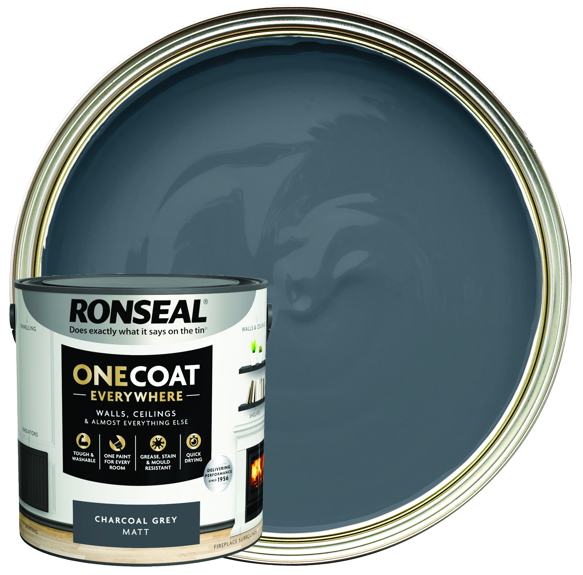 Ronseal One Coat Everywhere Matt Emulsion Paint - Charcoal Grey - 2.5L