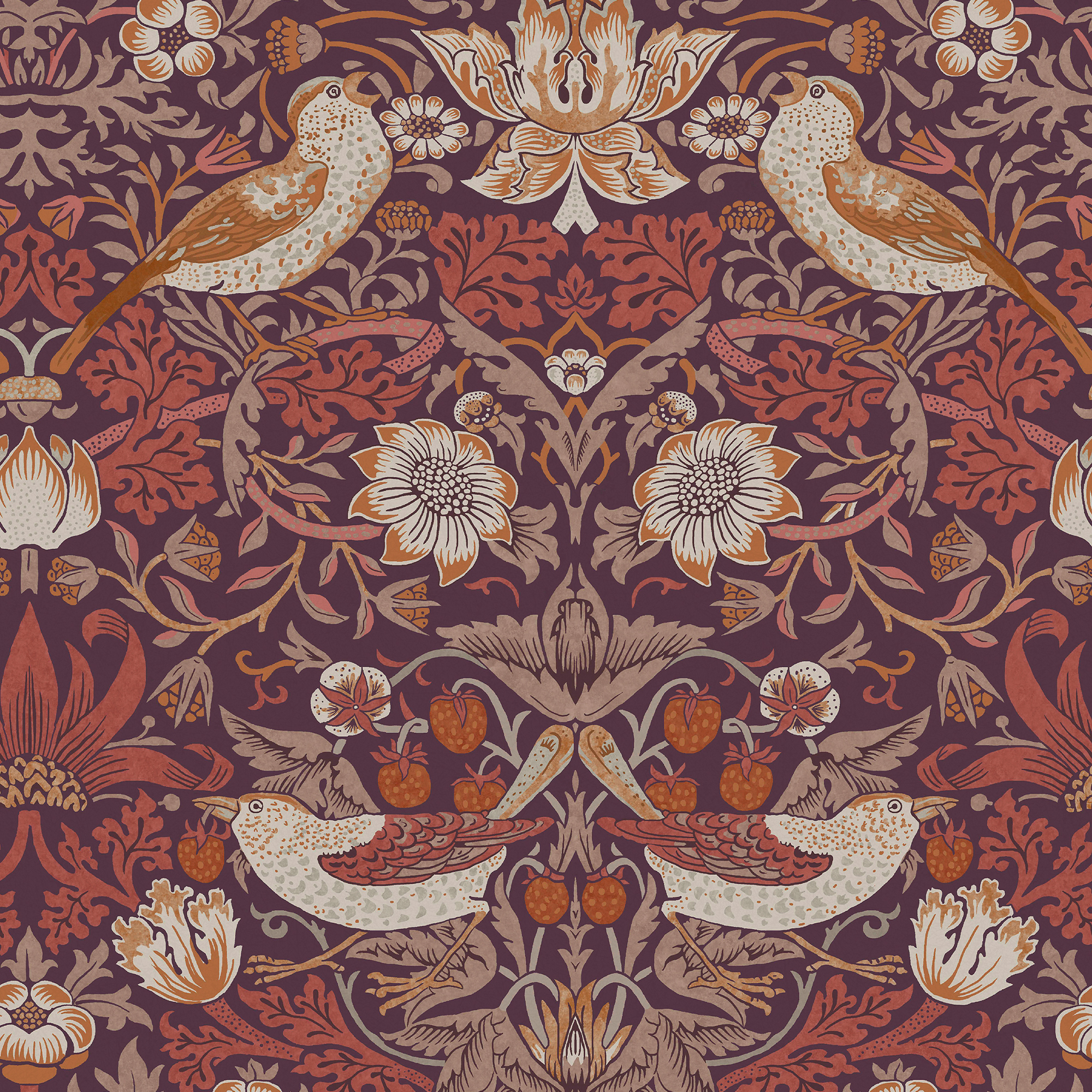 William Morris At Home Strawberry Thief Plum Wallpaper - 10m x 52cm