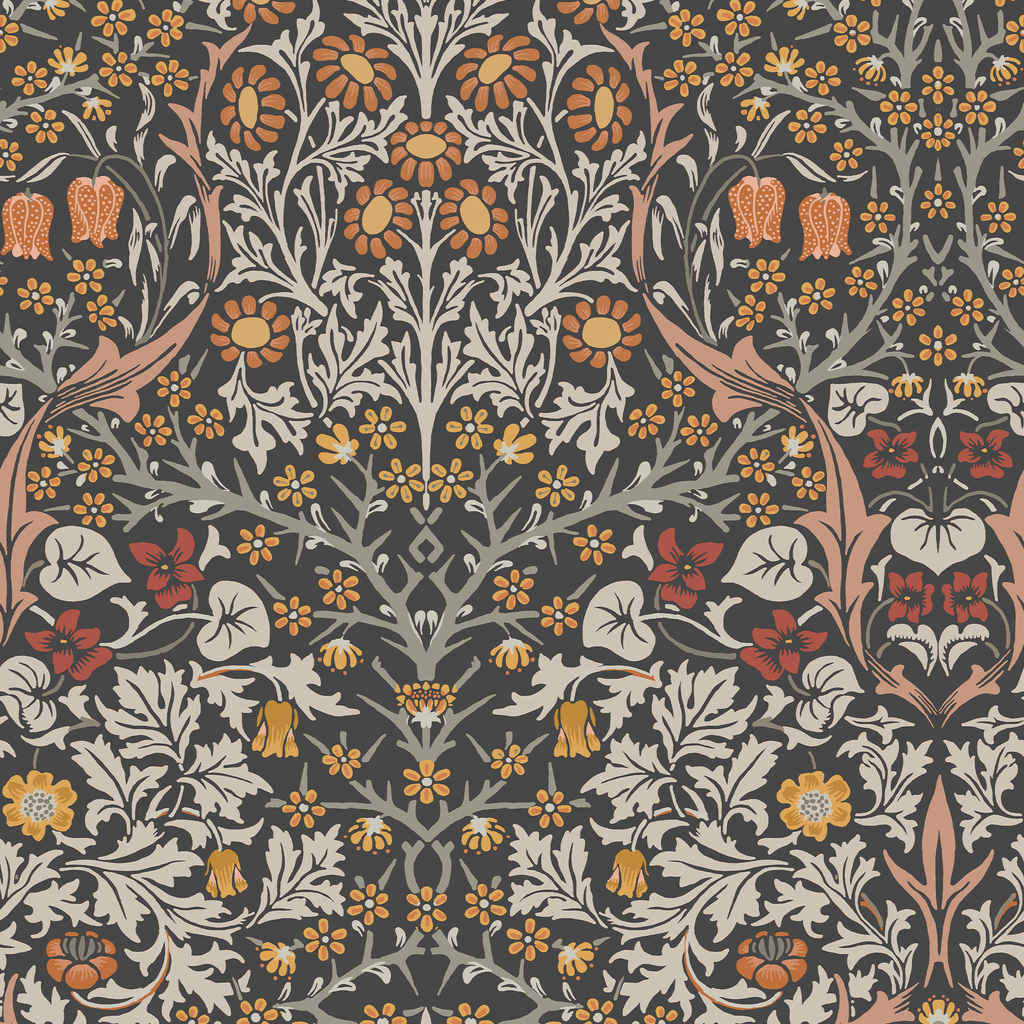 William Morris At Home Blackthorn Charcoal & Burnt Orange Wallpaper - 10m x 52cm