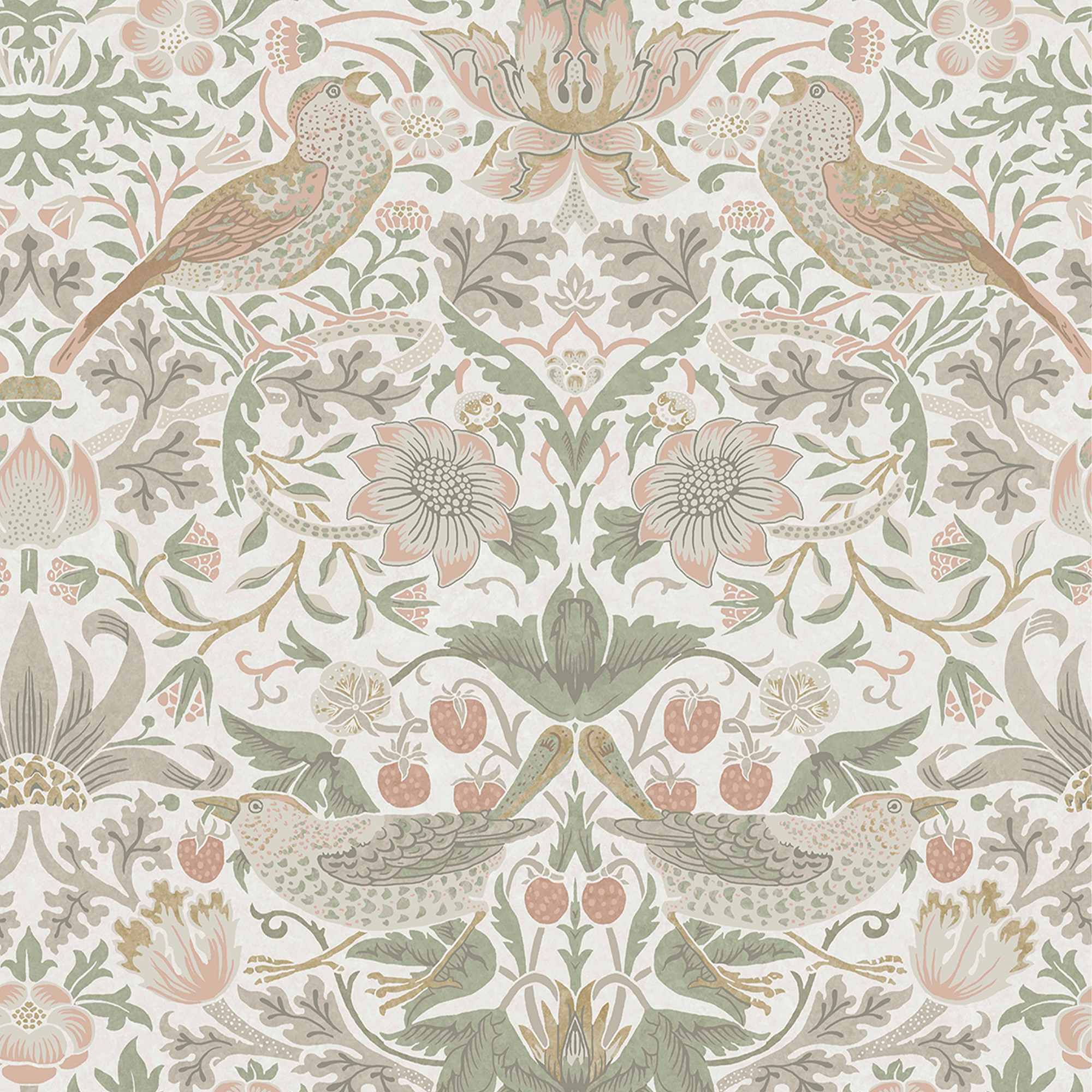 William Morris At Home Strawberry Thief Sage & Pink Wallpaper - Sample