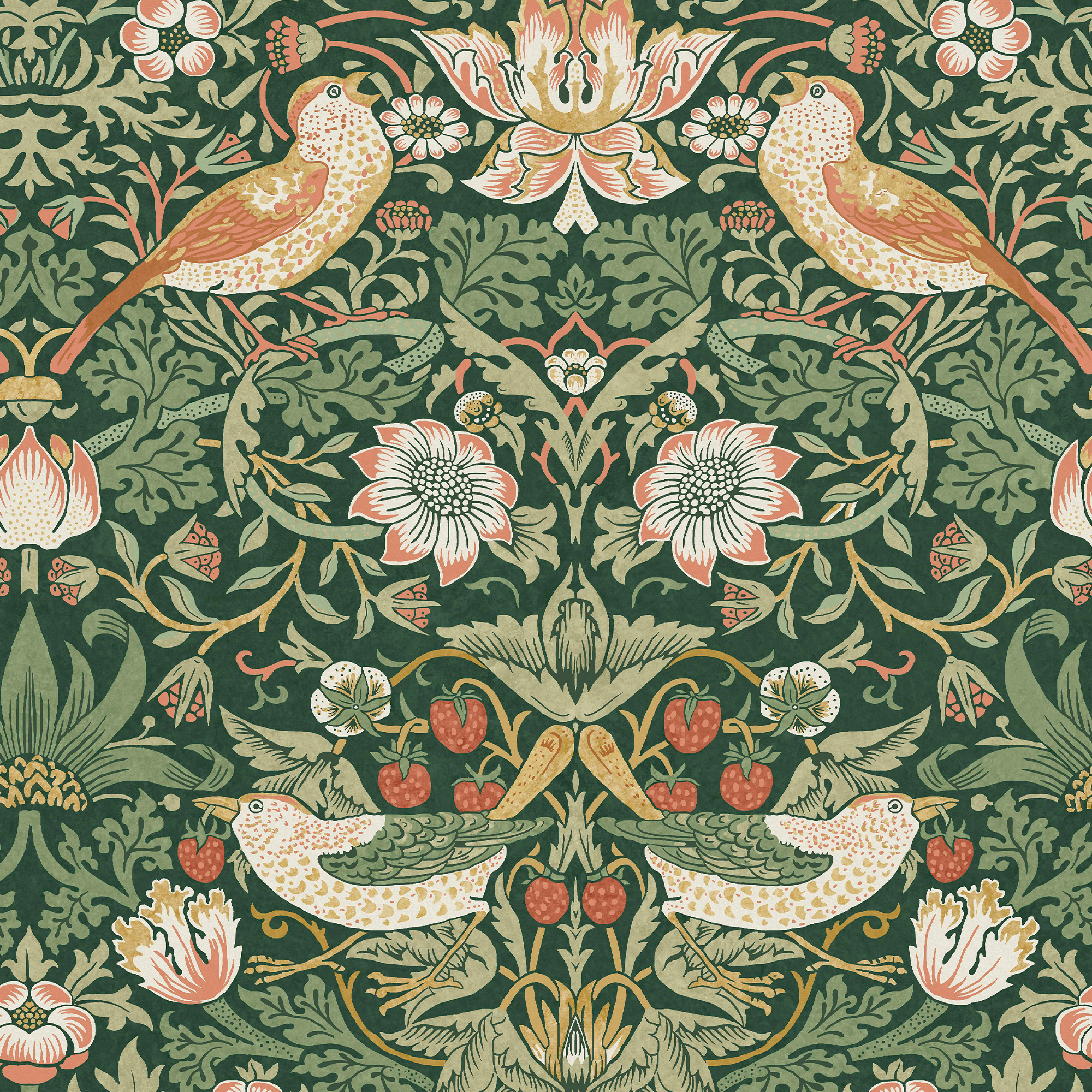 William Morris At Home Strawberry Thief Rich Green Wallpaper - Sample