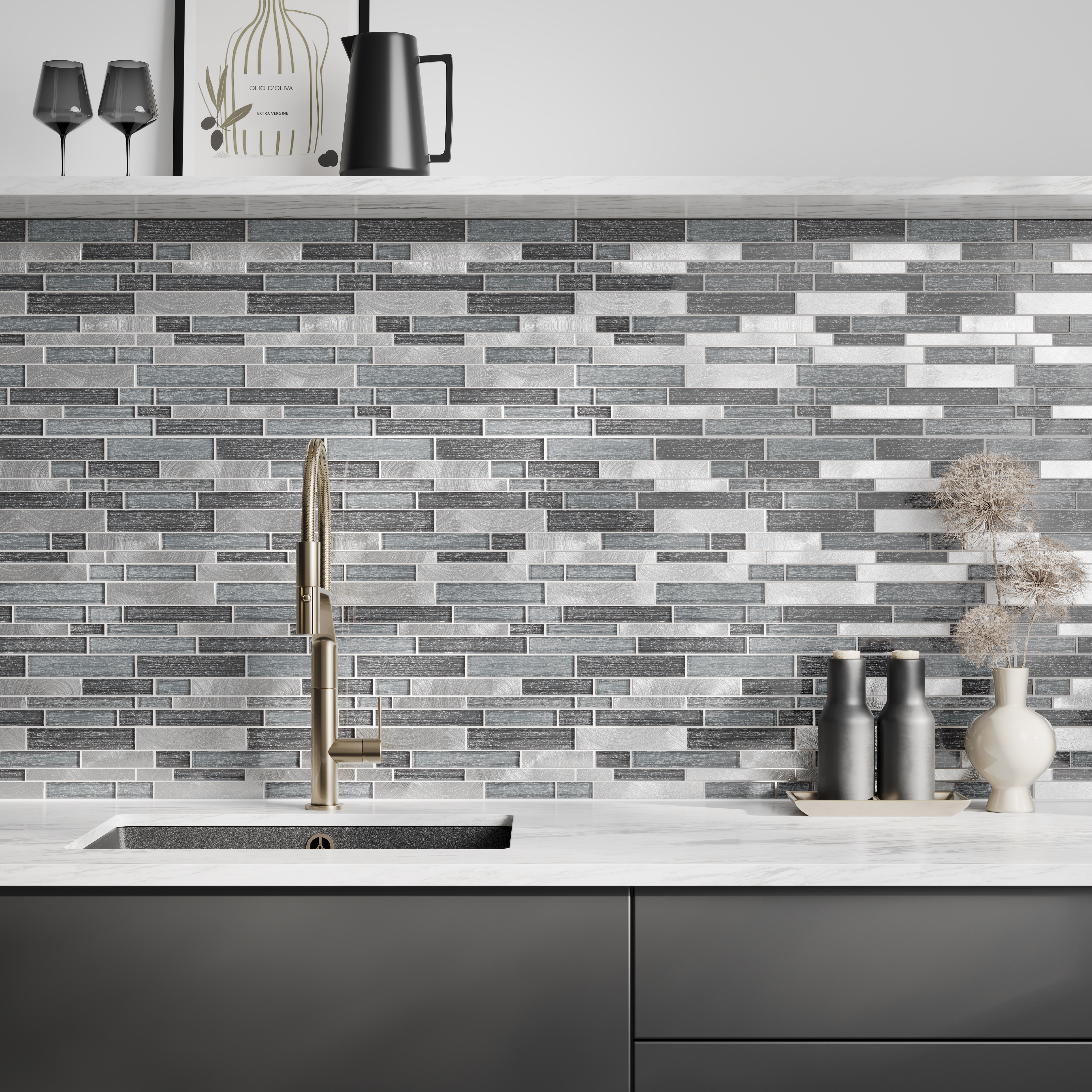 Wickes Ashby Offset Linear Grey Glass & Metal Mix Wall Mosaic Tile Sheet - 300 x 295mm