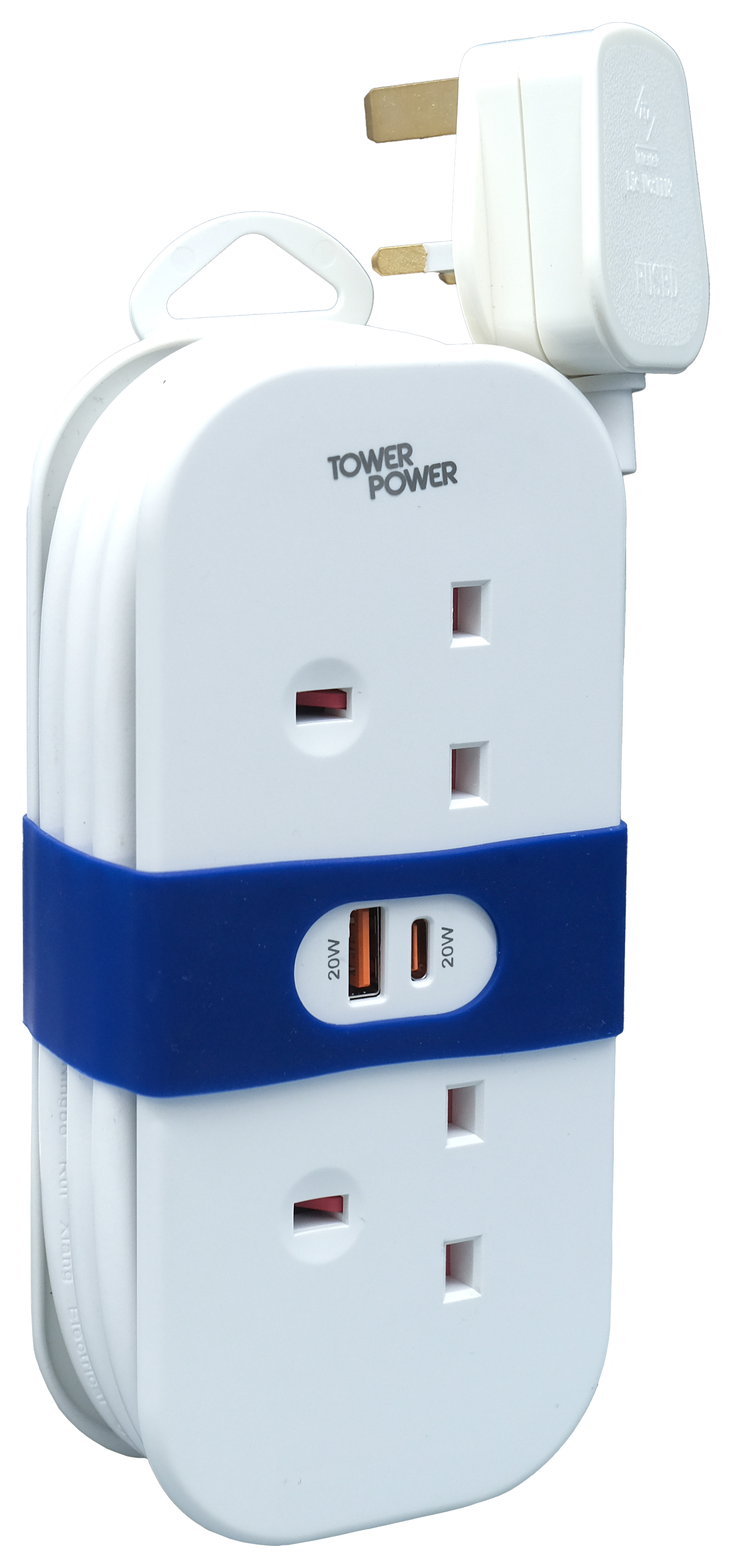 Tower 13A 2 Socket White Travel Extension Lead with USB - 1.4m