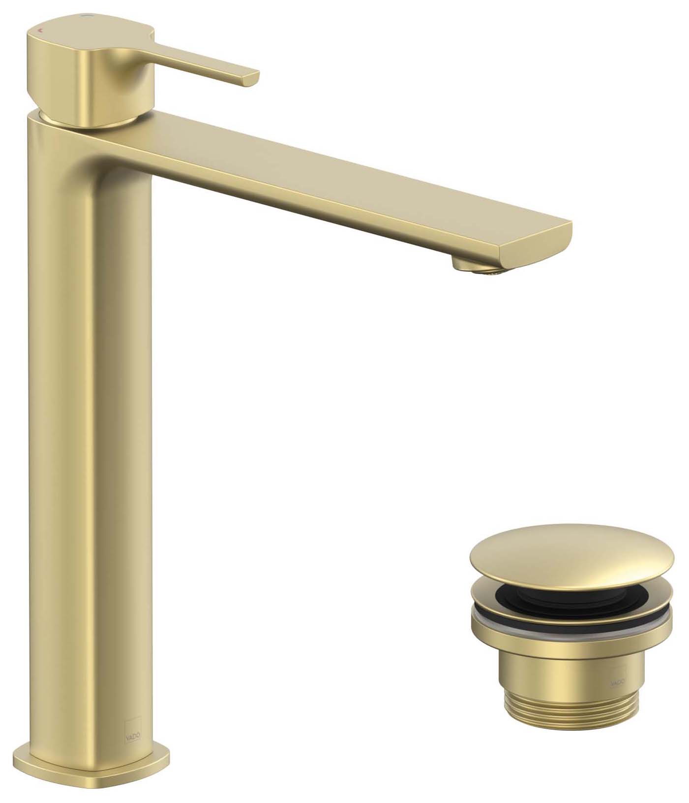 Nexa By VADO Veva Tall Neck Mono Basin Mixer, 5 l/min Flow Regulator with Universal Basin Waste - Brushed Brass