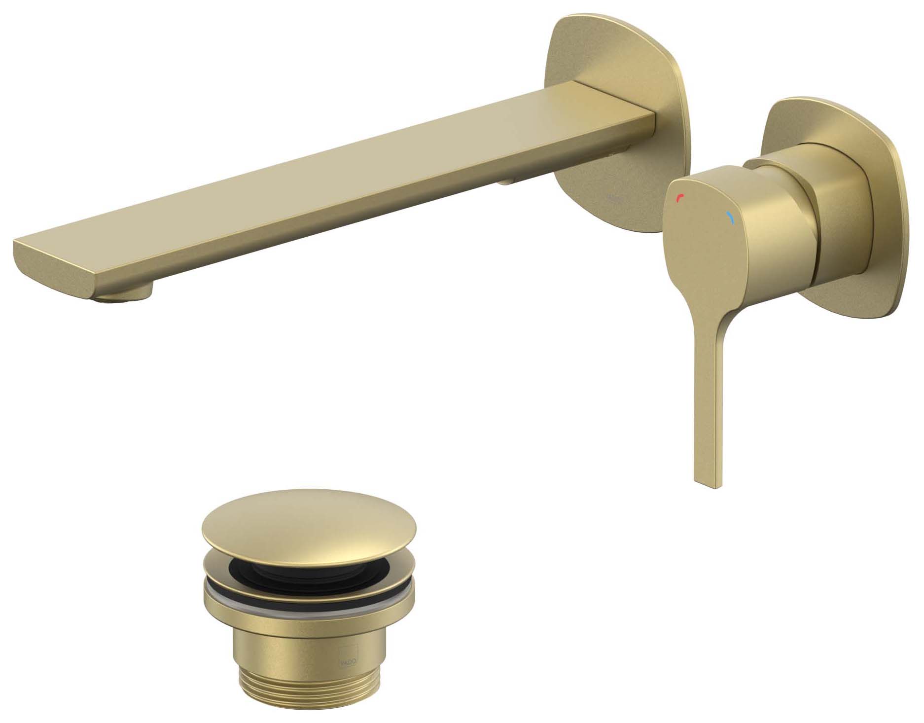 Nexa By VADO Veva Wall Mounted Basin Mixer, 5 l/min Flow Regulator with Universal Basin Waste - Brushed Brass