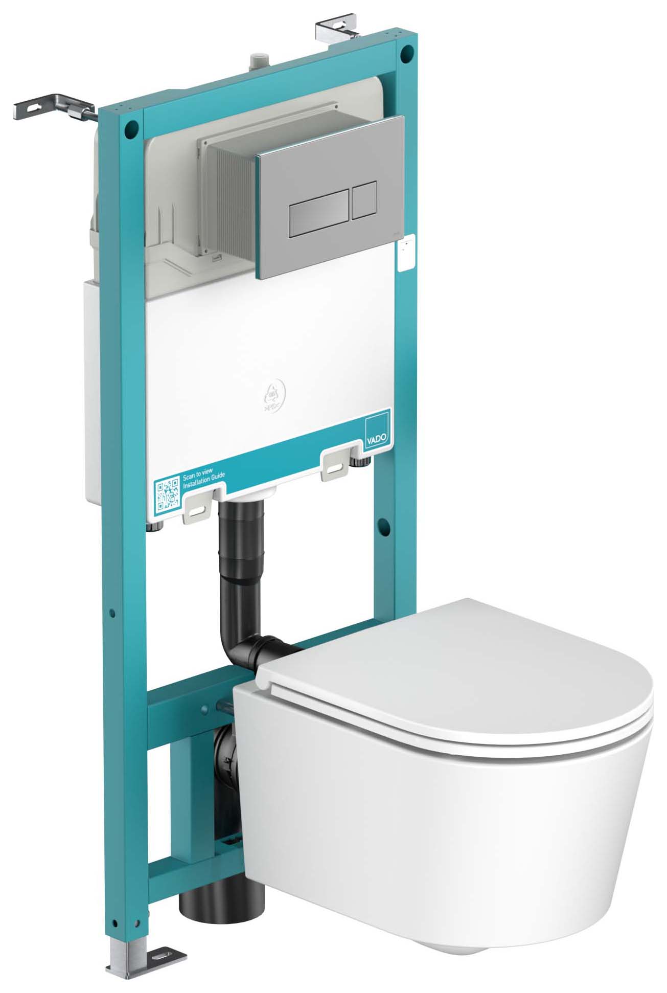 Nexa By Vado Veva Wall Hung Round Toilet Pan with Seat, Standard Frame with Cistern, Square Chrome Flush Plate & Hinge Covers