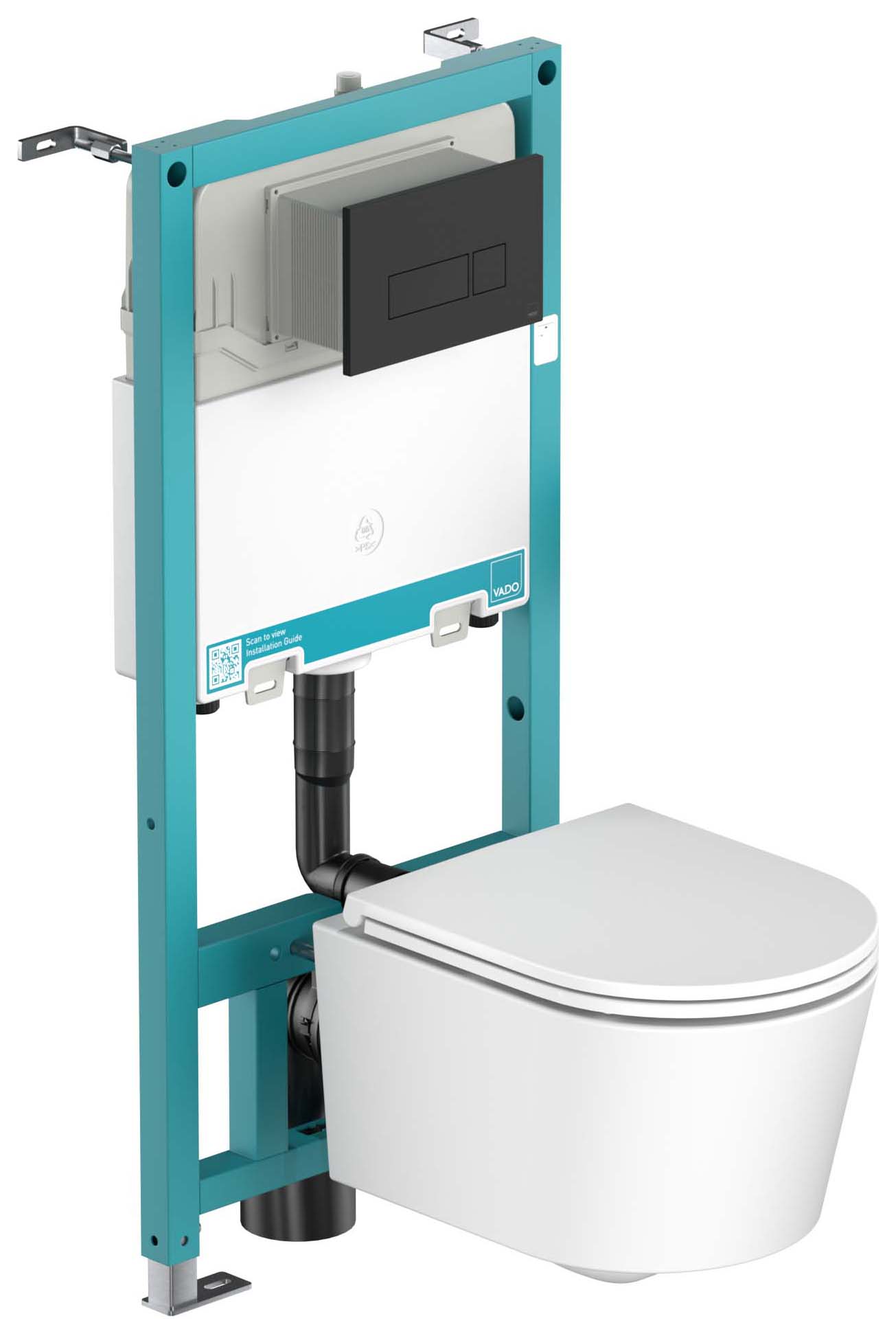 Nexa By Vado Veva Wall Hung Round Toilet Pan with Seat, Standard Frame with Cistern, Square Matt Black Flush Plate & Hinge Covers