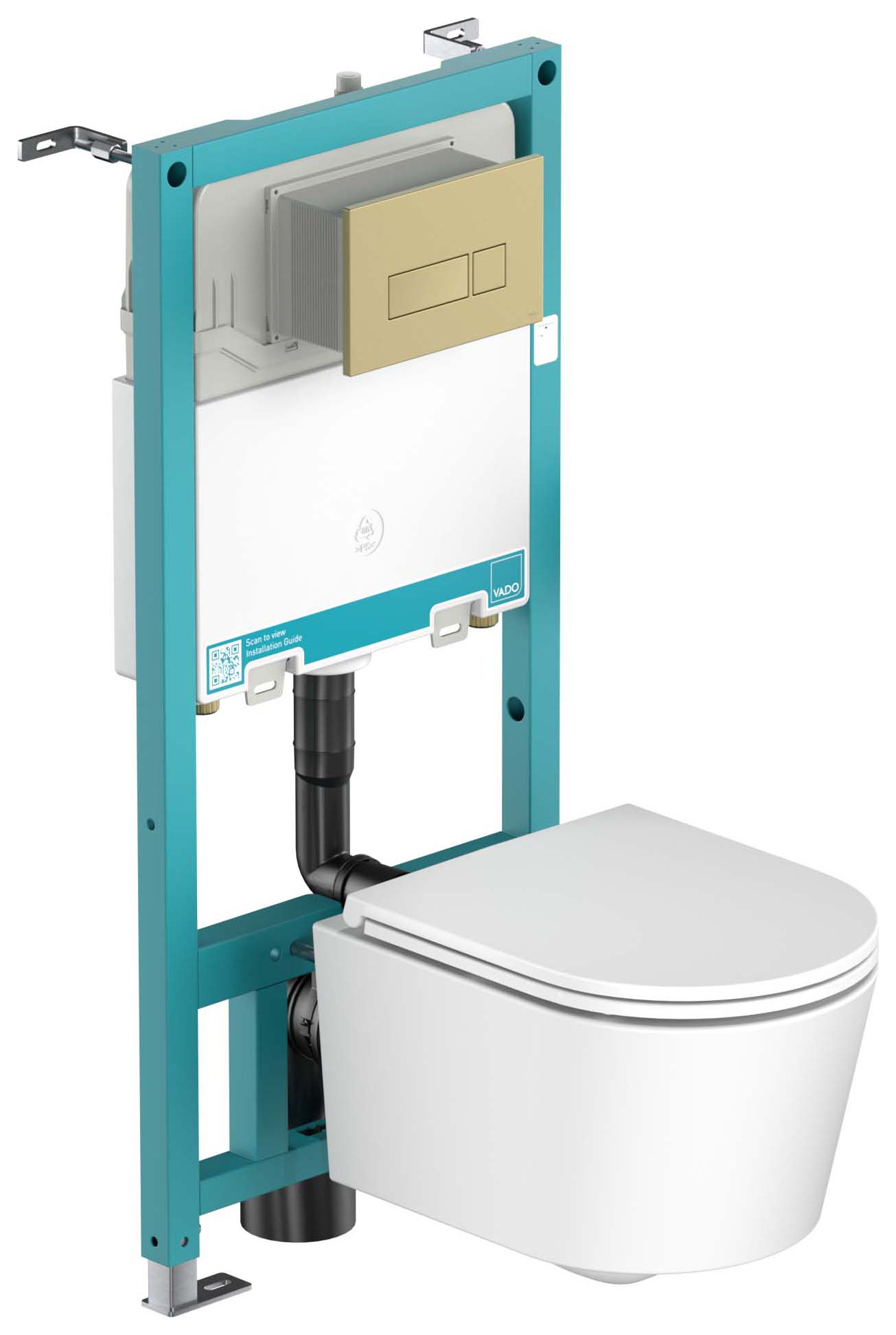 Nexa By Vado Veva Wall Hung Round Toilet Pan with Seat, Standard Frame with Cistern, Square Brushed Brass Flush Plate & Hinge Covers