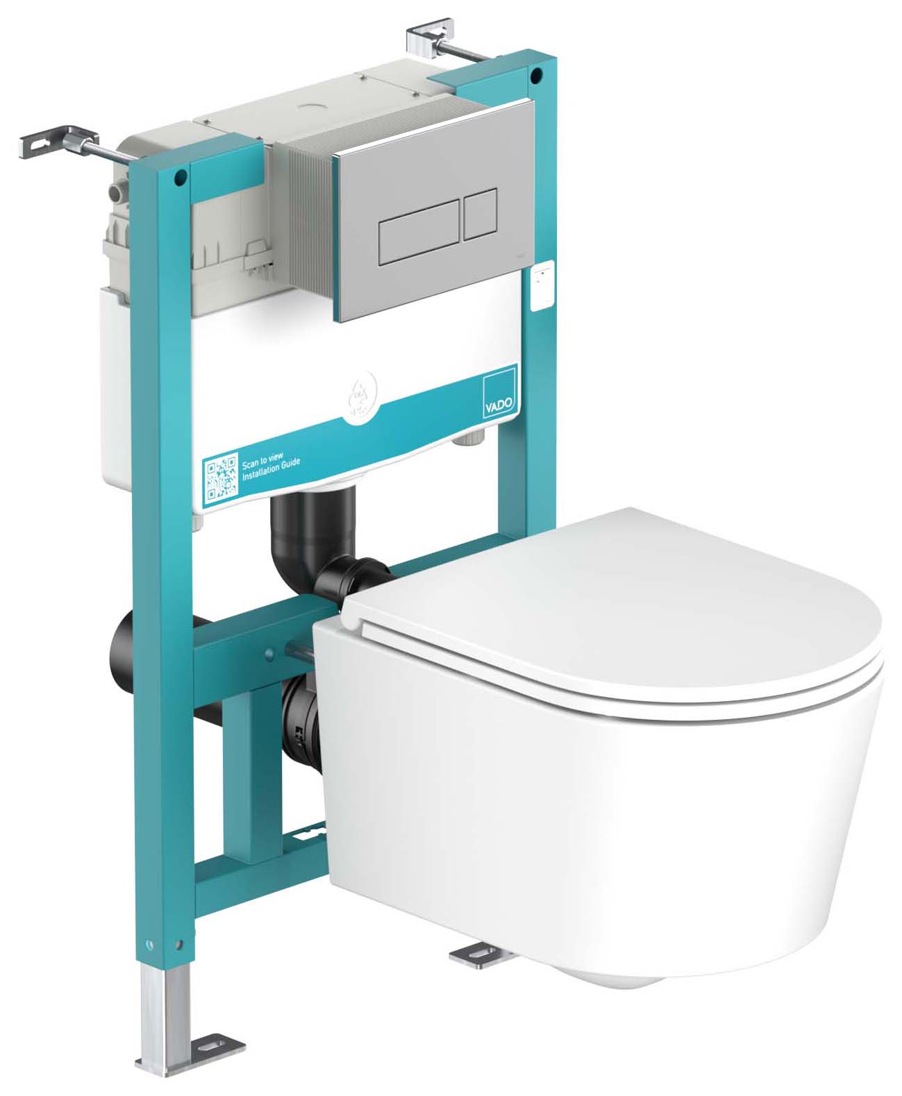 Nexa By Vado Veva Wall Hung Round Toilet Pan with Seat, Short Frame with Cistern, Square Chrome Flush Plate & Hinge Covers