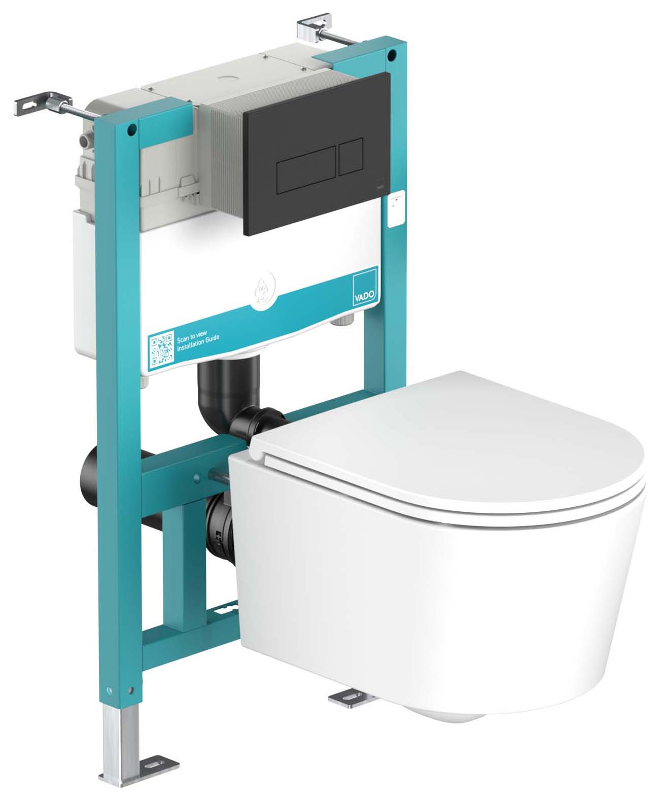 Nexa By Vado Veva Wall Hung Round Toilet Pan with Seat, Short Frame with Cistern, Square Matt Black Flush Plate & Hinge Covers