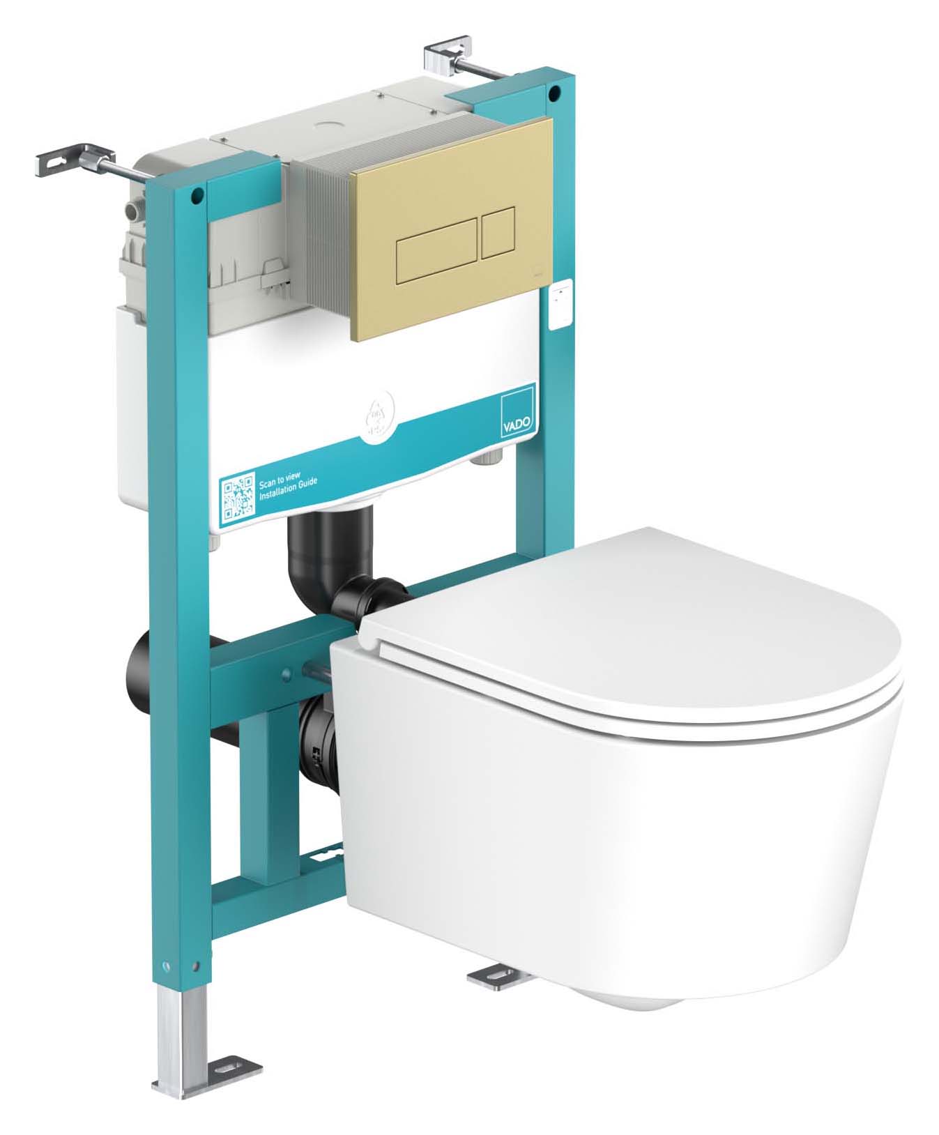 Nexa By Vado Veva Wall Hung Round Toilet Pan with Seat, Short Frame with Cistern, Square Brushed Brass Flush Plate & Hinge Covers