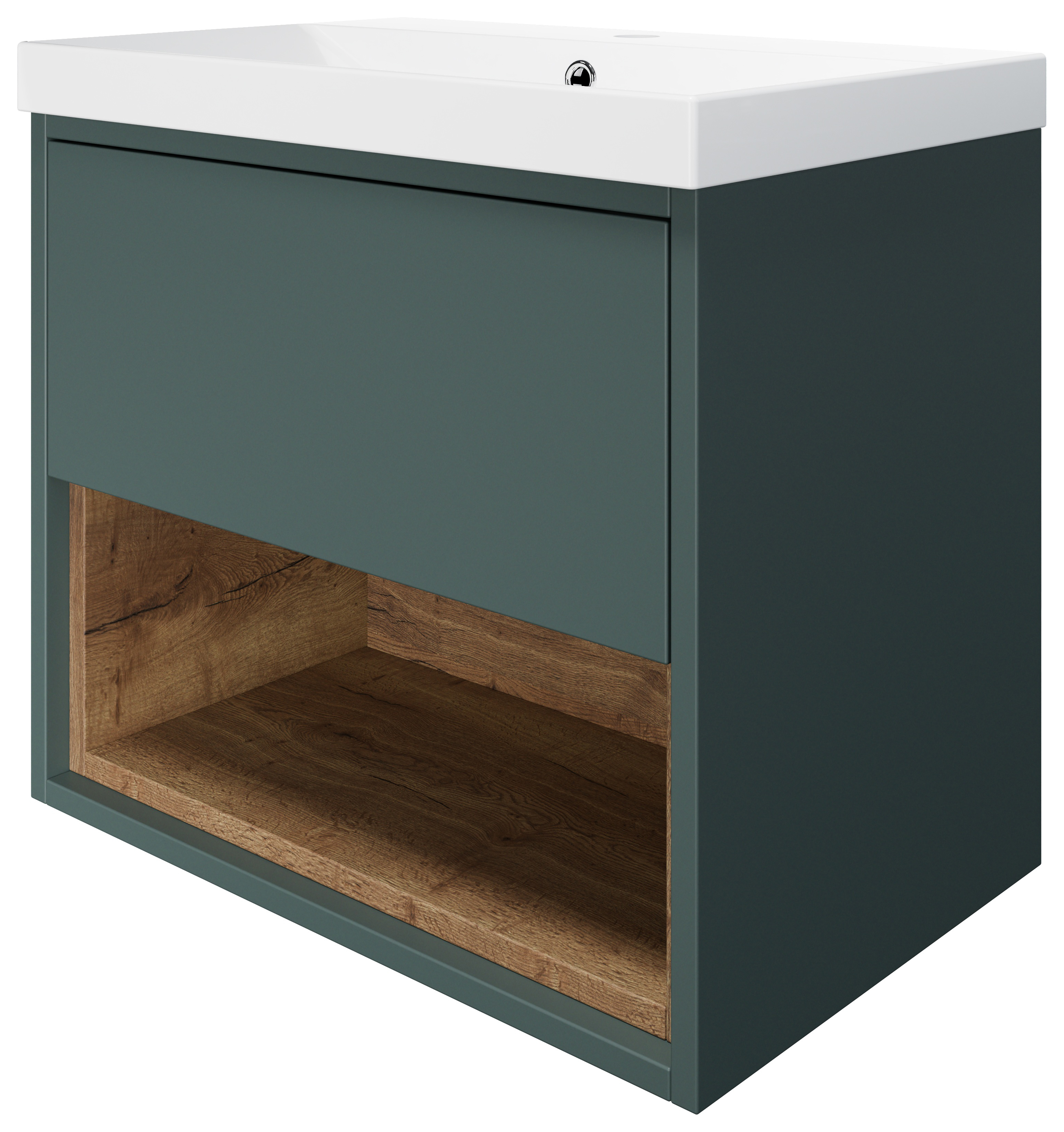 Wickes Nexus Stone Green & Tobacco Halifax Oak Wall Hung Vanity Unit & Basin - 546 x 600mm