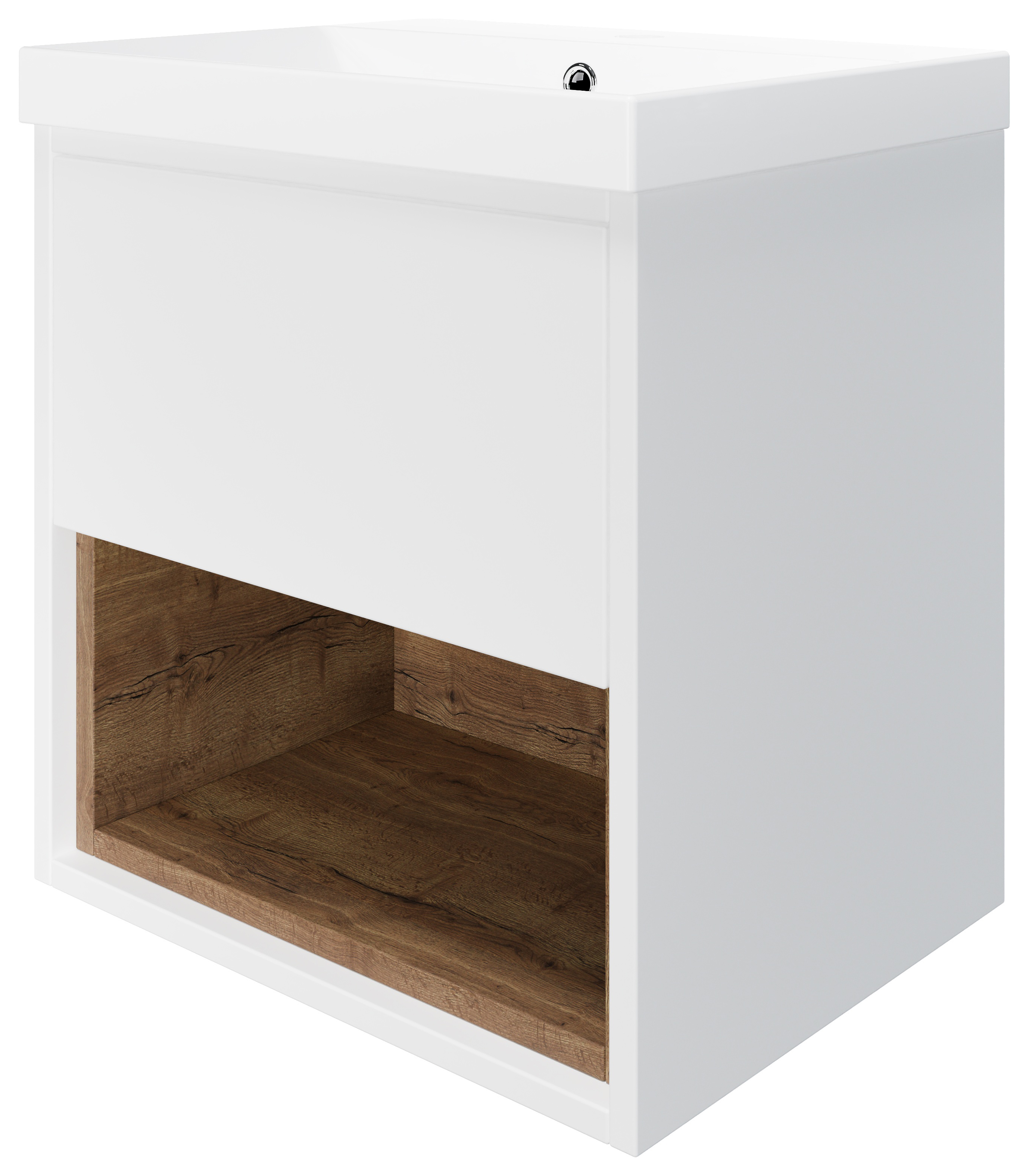 Wickes Nexus Matt White & Natural Halifax Oak Wall Hung Vanity Unit & Nexus Basin - 546 x 500mm