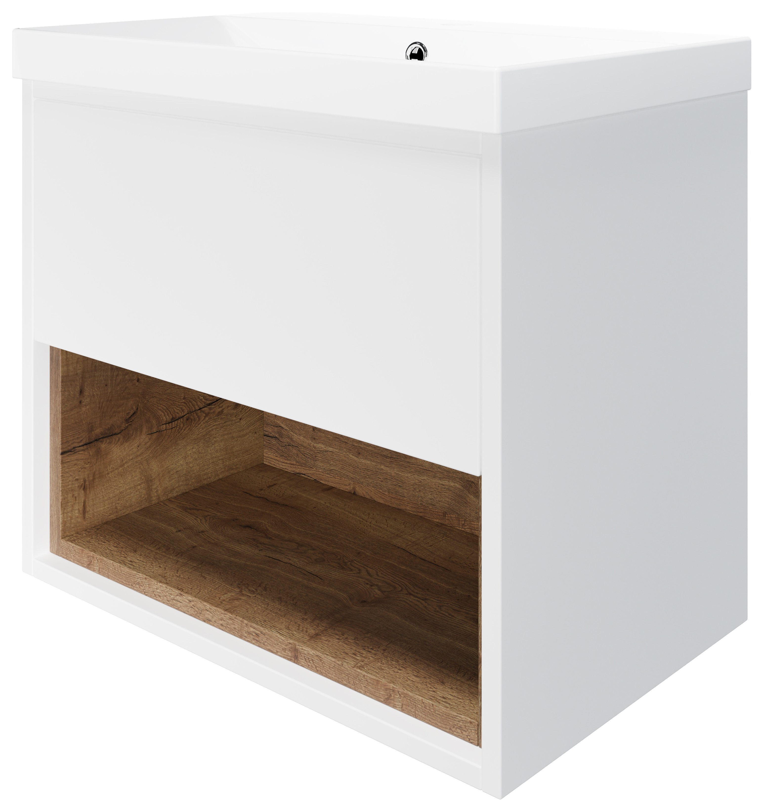Wickes Nexus Matt White & Natural Halifax Oak Wall Hung Vanity Unit & Basin - 546 x 600mm