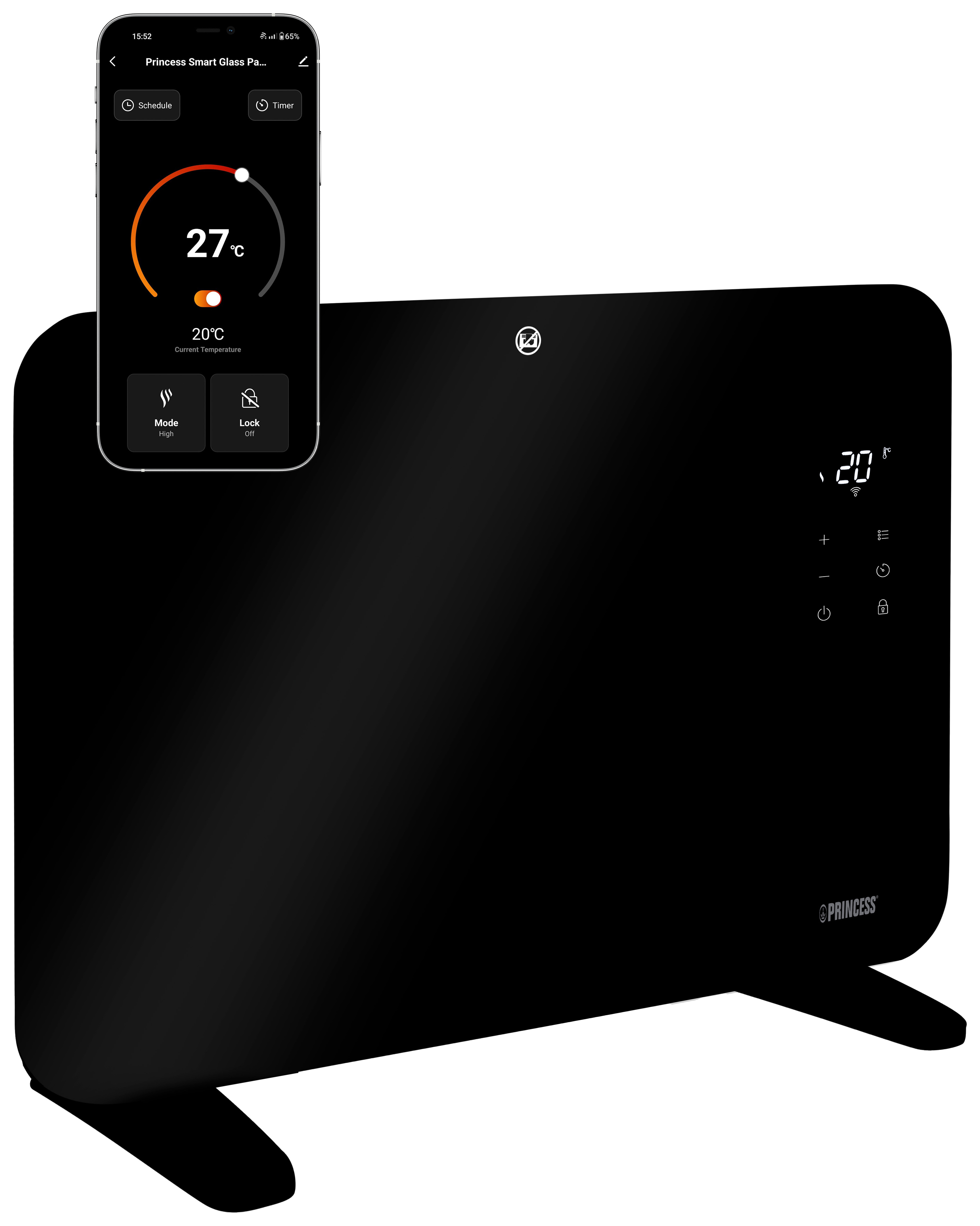 Princess Smart 1000W Glass Panel Heater - Black