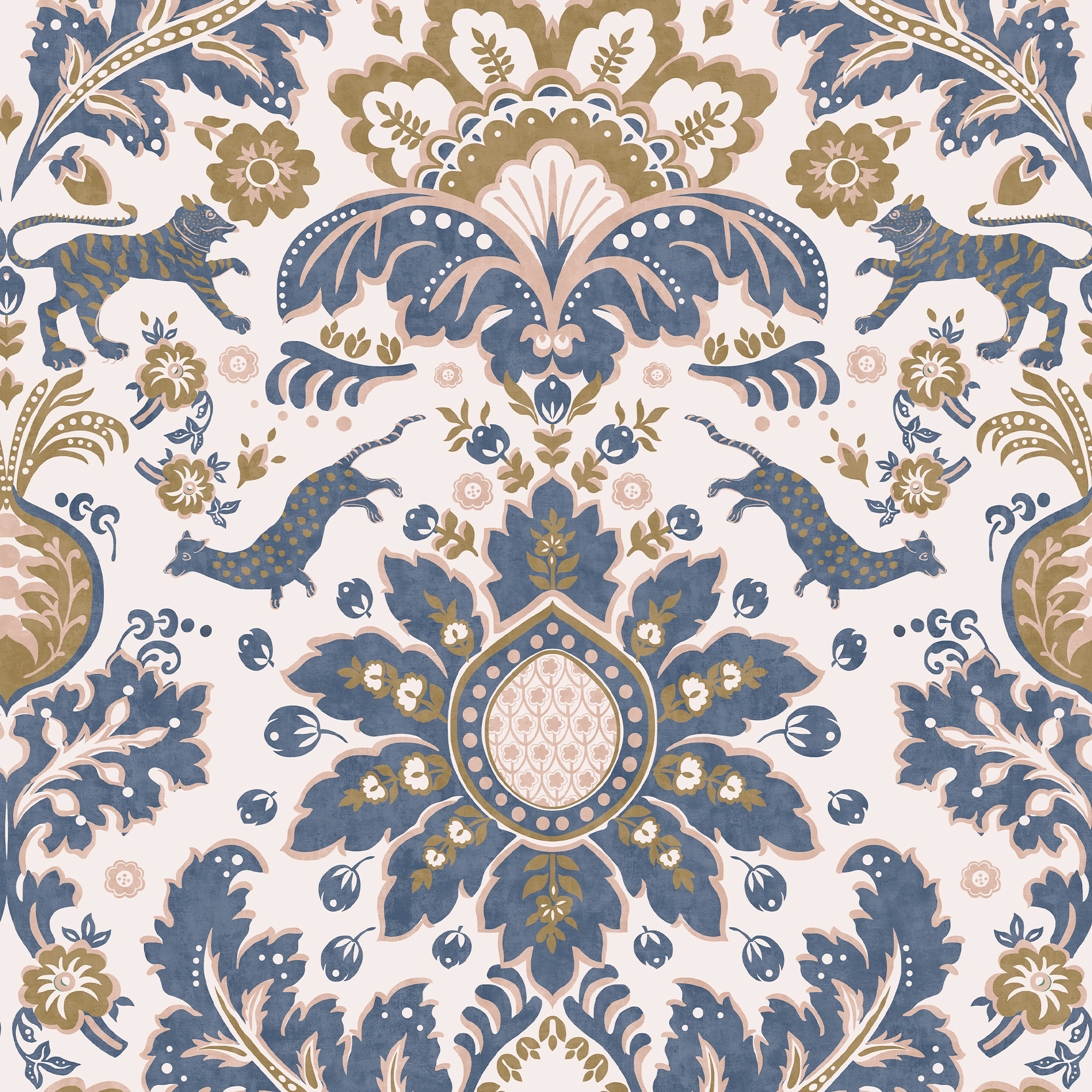 Joules Animal Damask Print Cream/Blue/Gold Wallpaper Sample