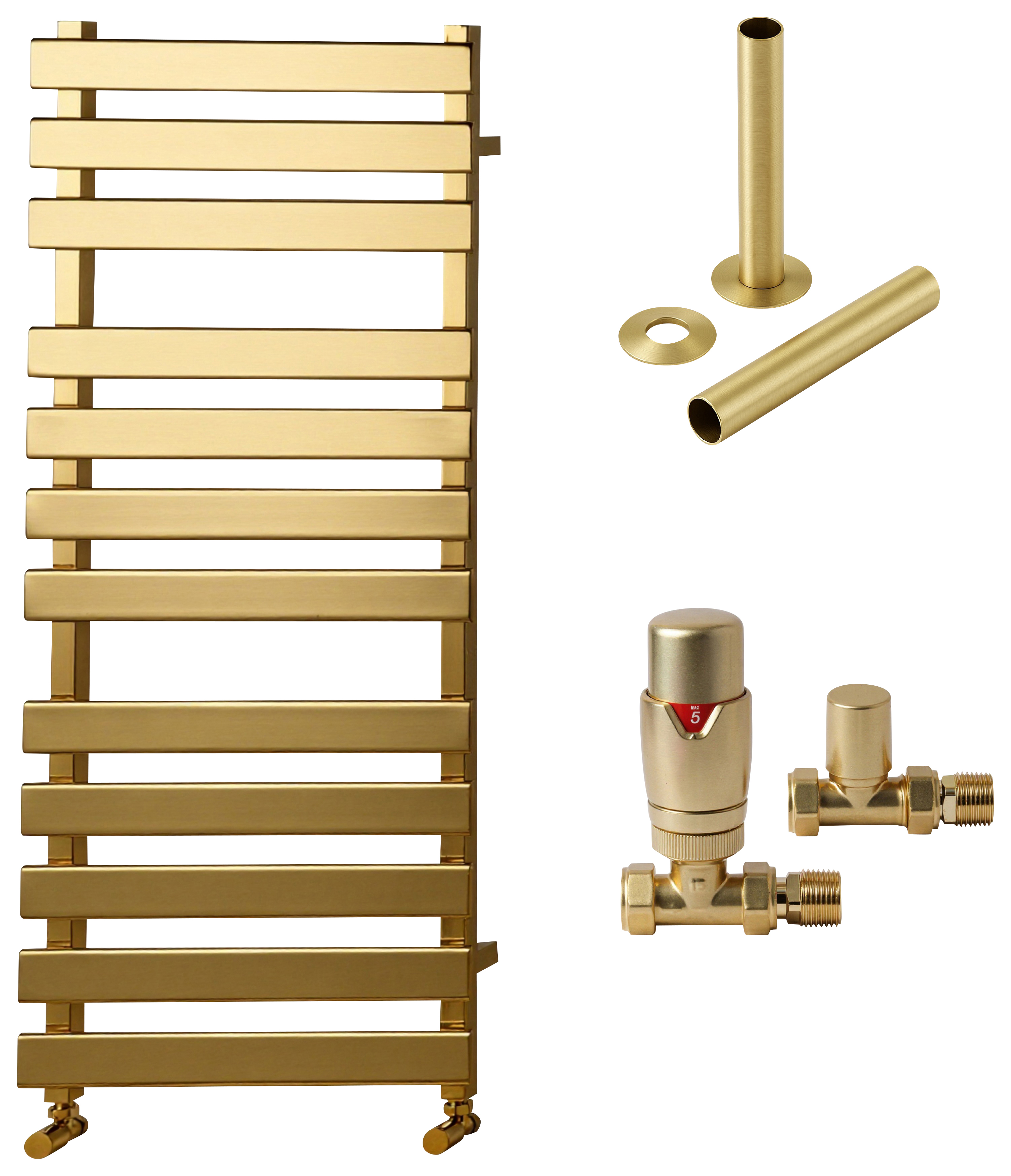 Towelrads Haven Brushed Brass Designer Towel Radiator with Straight TRV & Pipe Sleeve - 1200 x 500mm