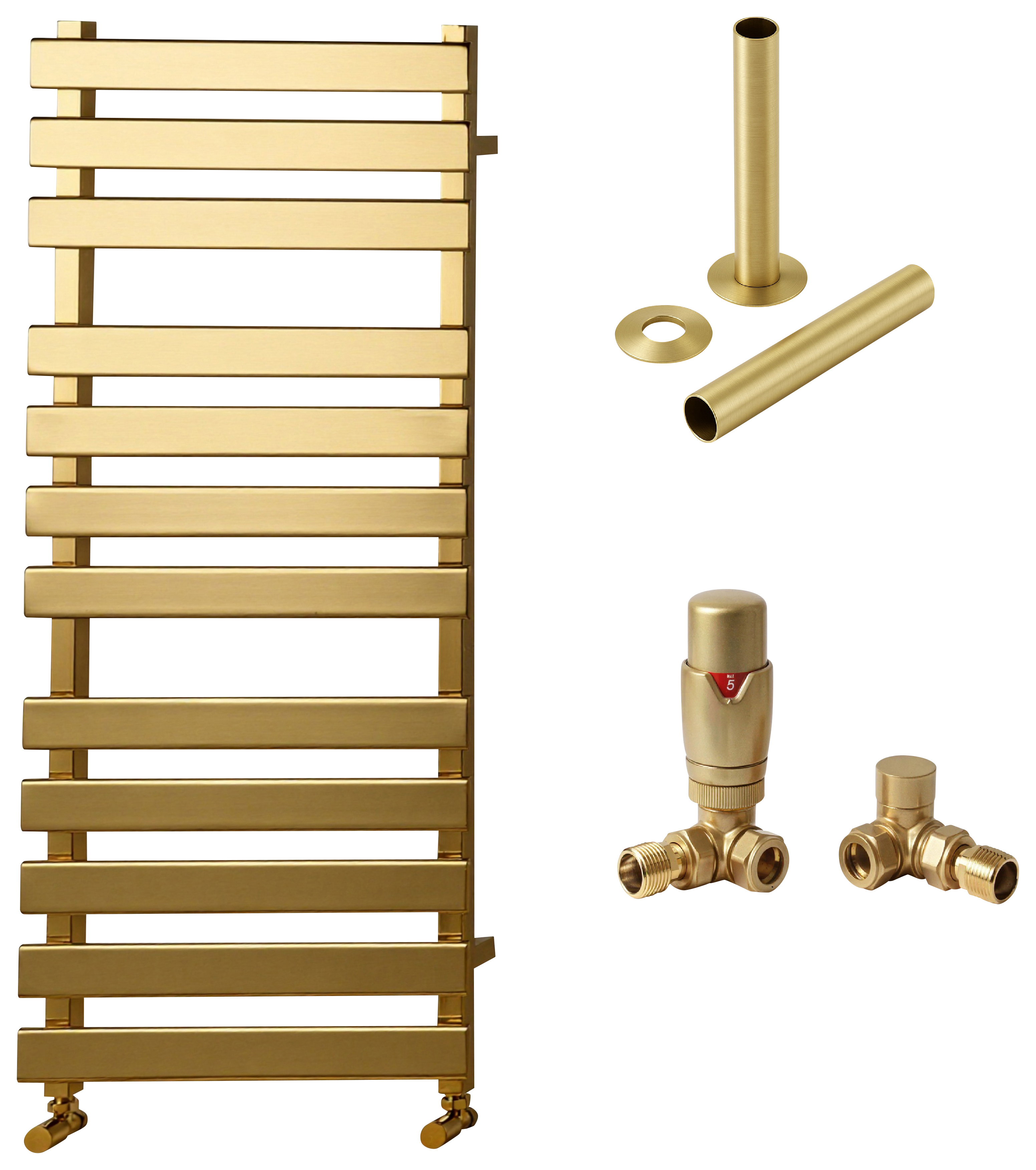 Towelrads Haven Brushed Brass Designer Towel Radiator with Corner TRV & Pipe Sleeve - 1200 x 500mm