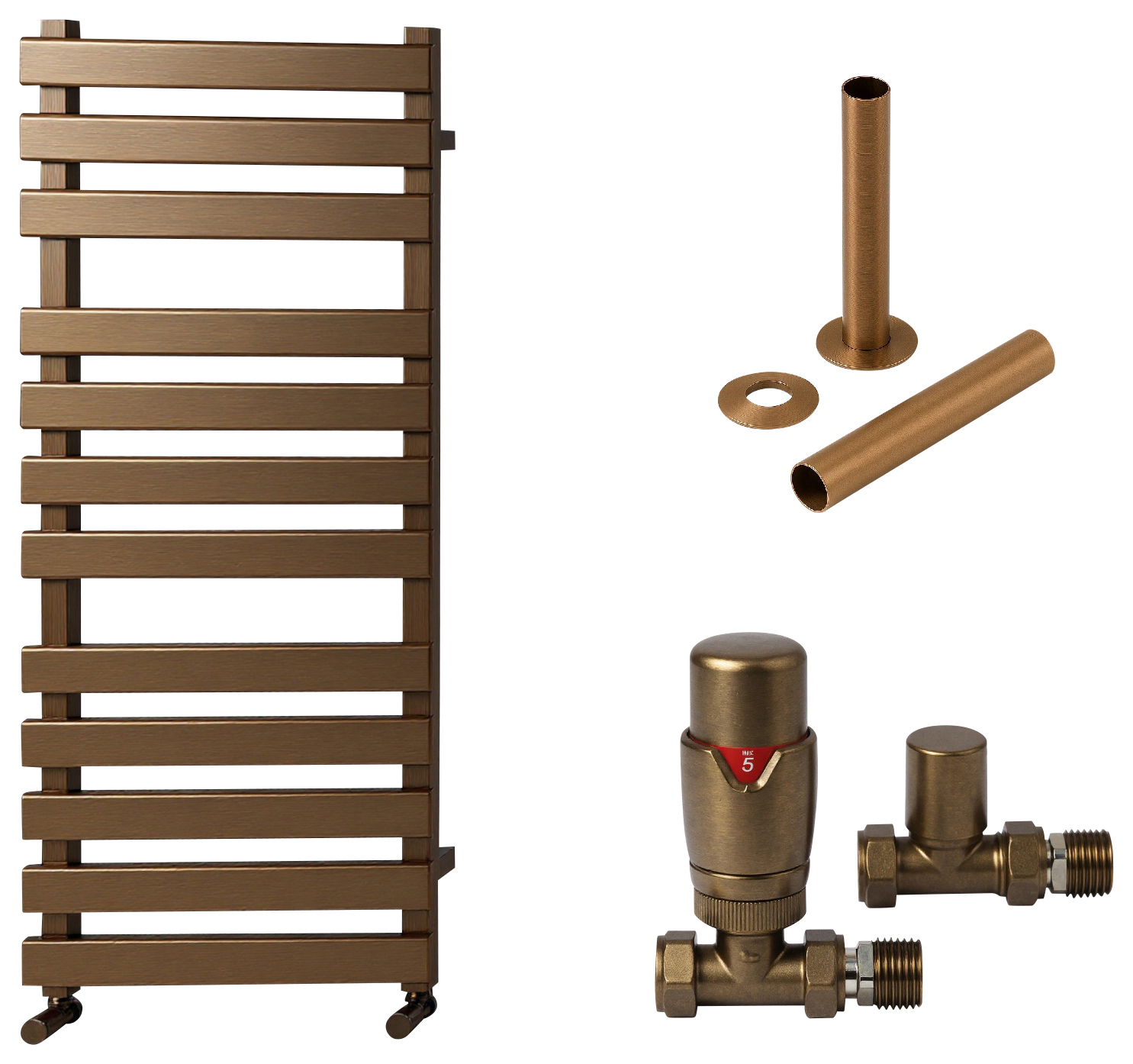Towelrads Haven Brushed Bronze Designer Towel Radiator with Straight TRV & Pipe Sleeve - 1200 x 500mm