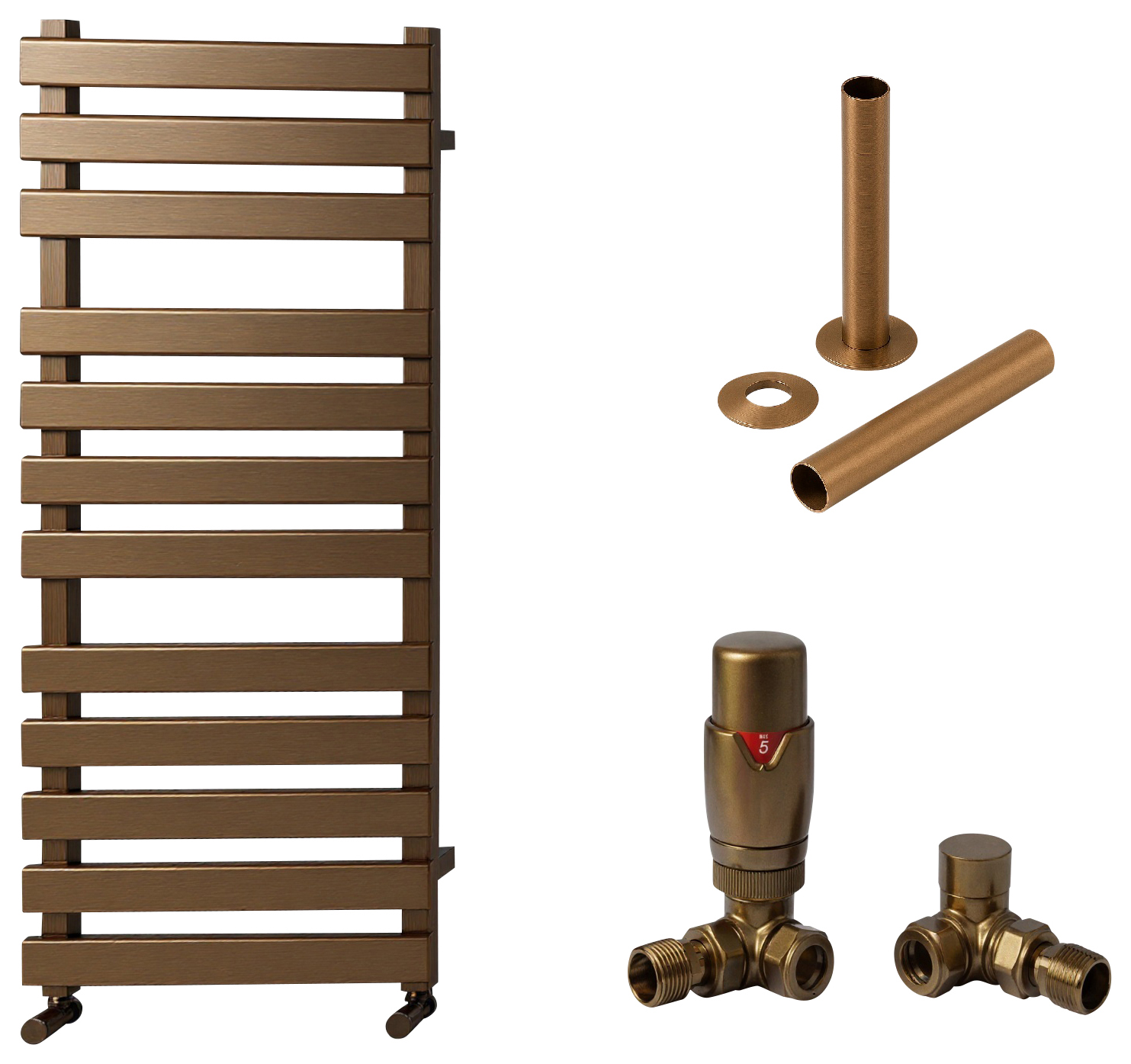 Towelrads Haven Brushed Bronze Designer Towel Radiator with Corner TRV & Pipe Sleeve - 1200 x 500mm