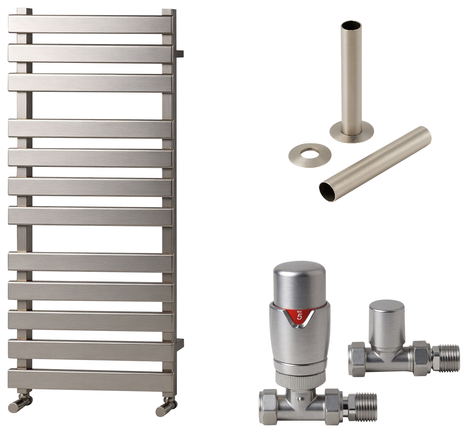 Towelrads Haven 1200 x 500mm Flat Panel Designer Brushed Nickel Towel Radiator with Straight TRV & Pipe Sleeve