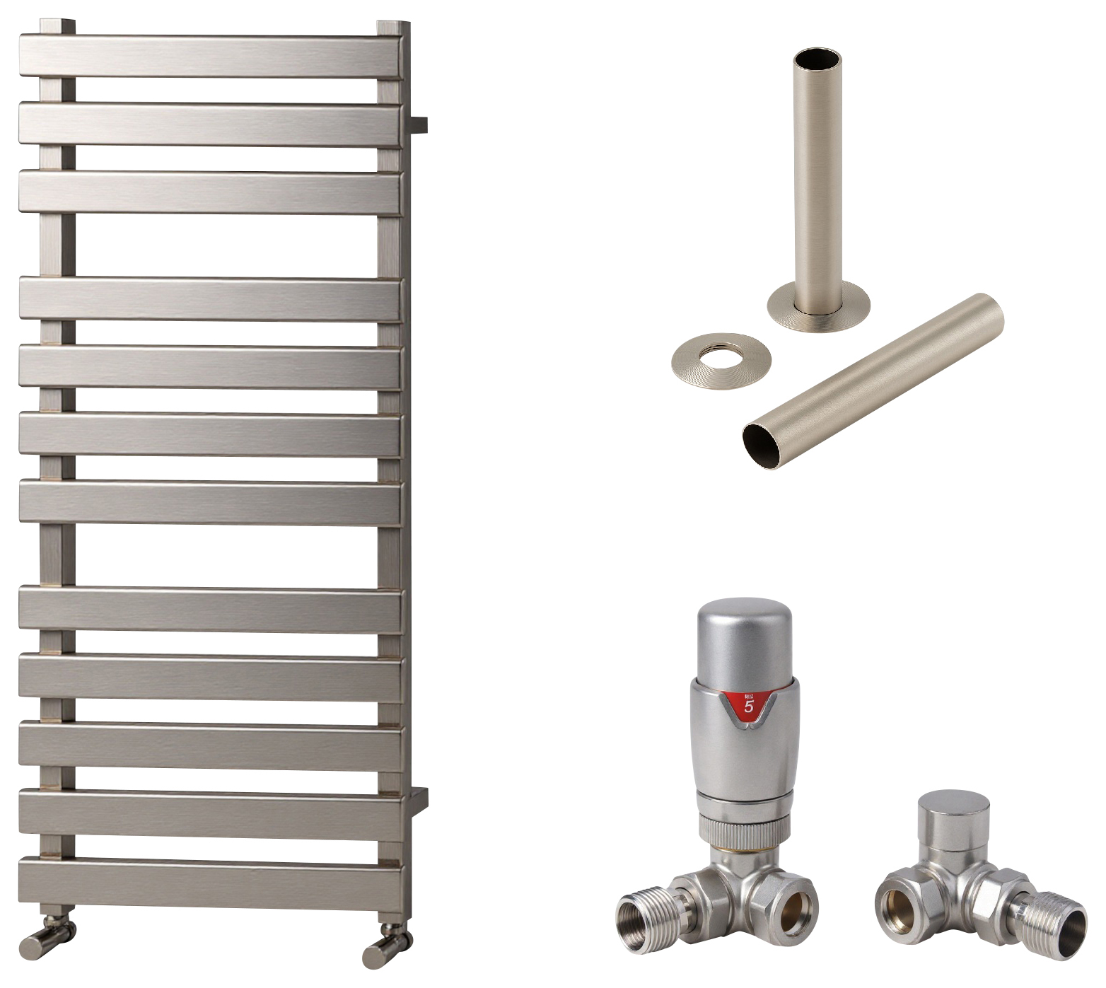 Towelrads Haven 1200 x 500mm Flat Panel Designer Brushed Nickel Towel Radiator with Corner TRV & Pipe Sleeve