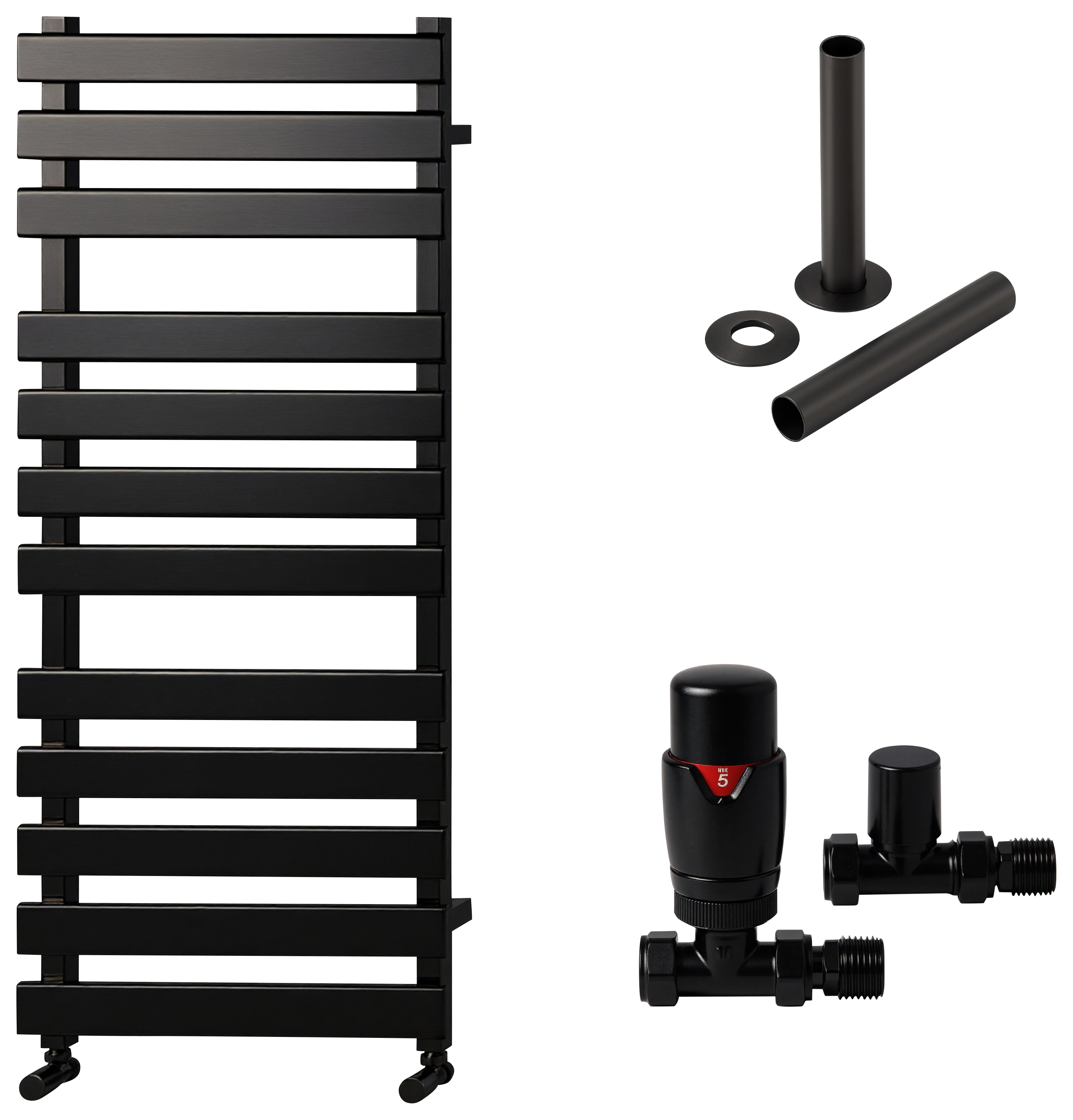 Towelrads Haven 1200 x 500mm Flat Panel Designer Matt Black Towel Radiator with Straight TRV & Pipe Sleeve
