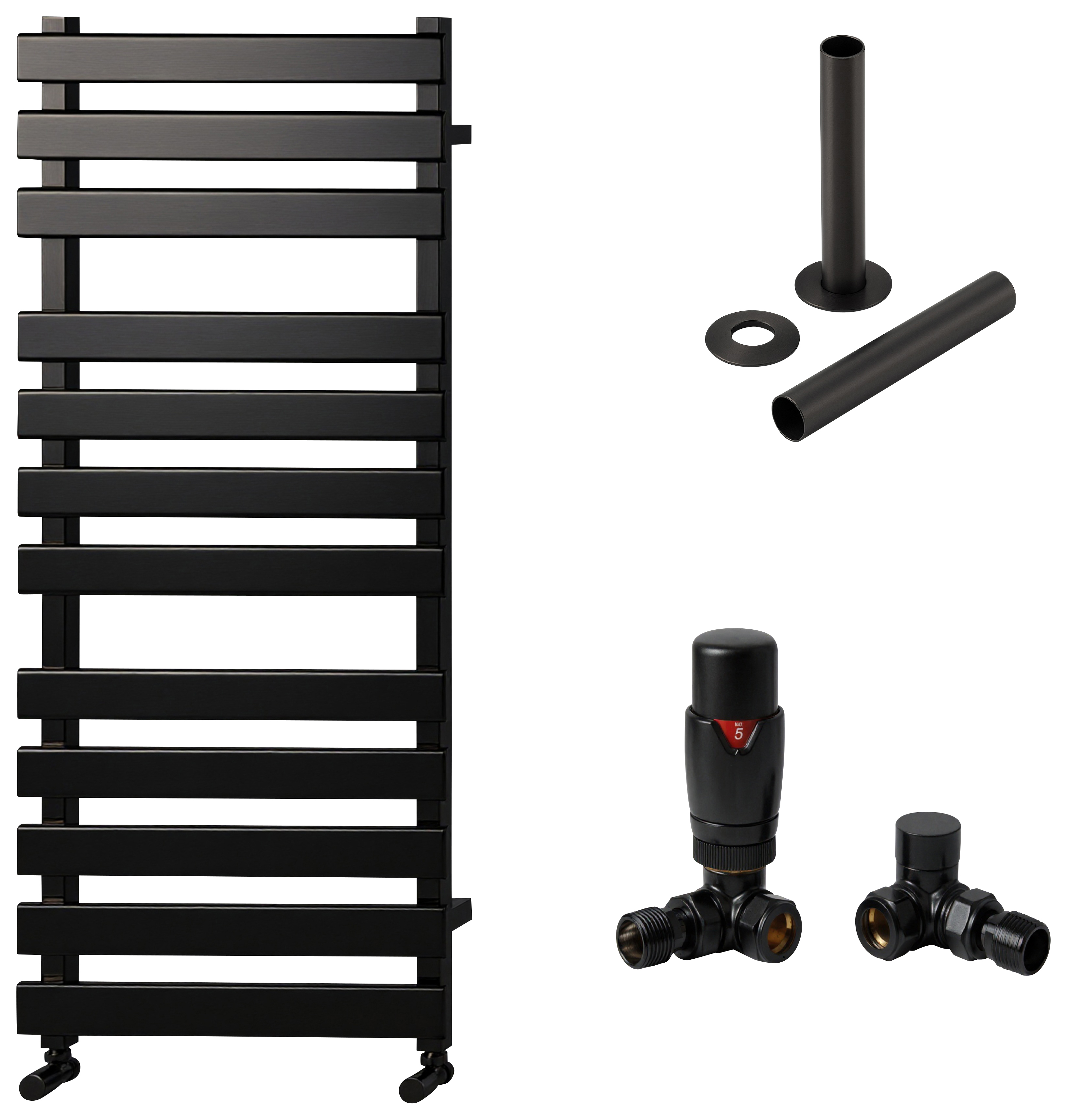 Towelrads Haven 1200 x 500mm Flat Panel Designer Matt Black Towel Radiator with Corner TRV & Pipe Sleeve