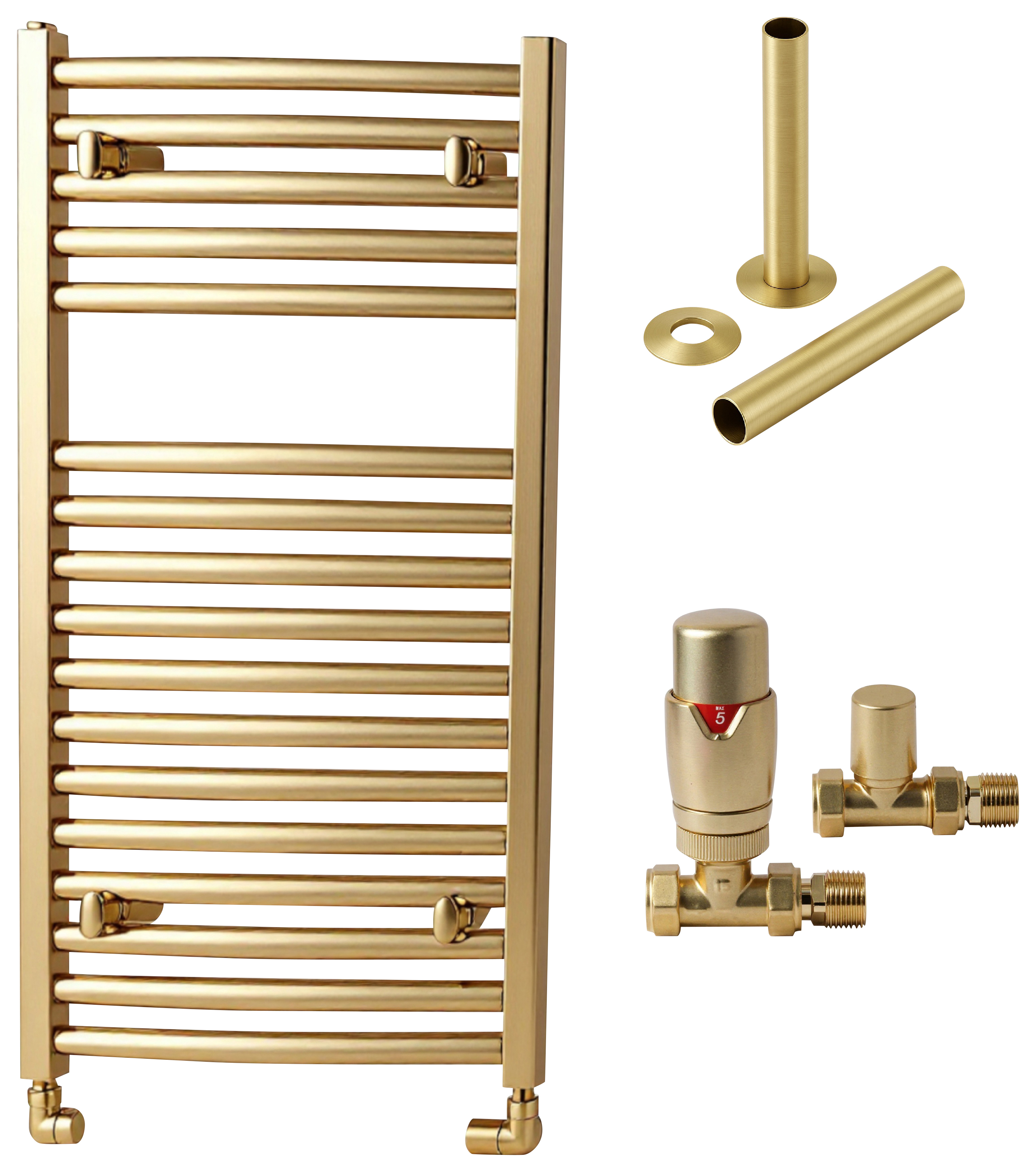 Towelrads Pisa 800 x 500mm Brushed Gold Designer Towel Radiator with Straight TRV & Pipe Sleeve