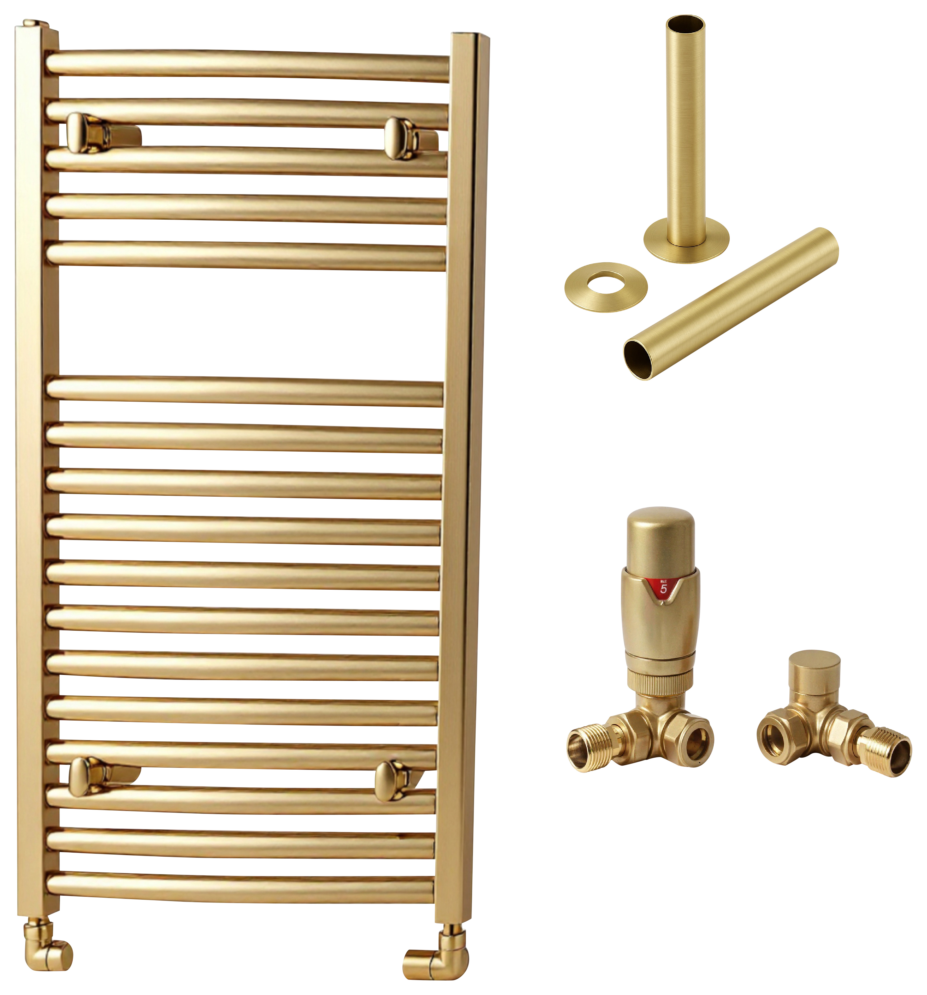 Towelrads Pisa 1200 x 500mm Brushed Gold Designer Towel Radiator with Corner TRV & Pipe Sleeve