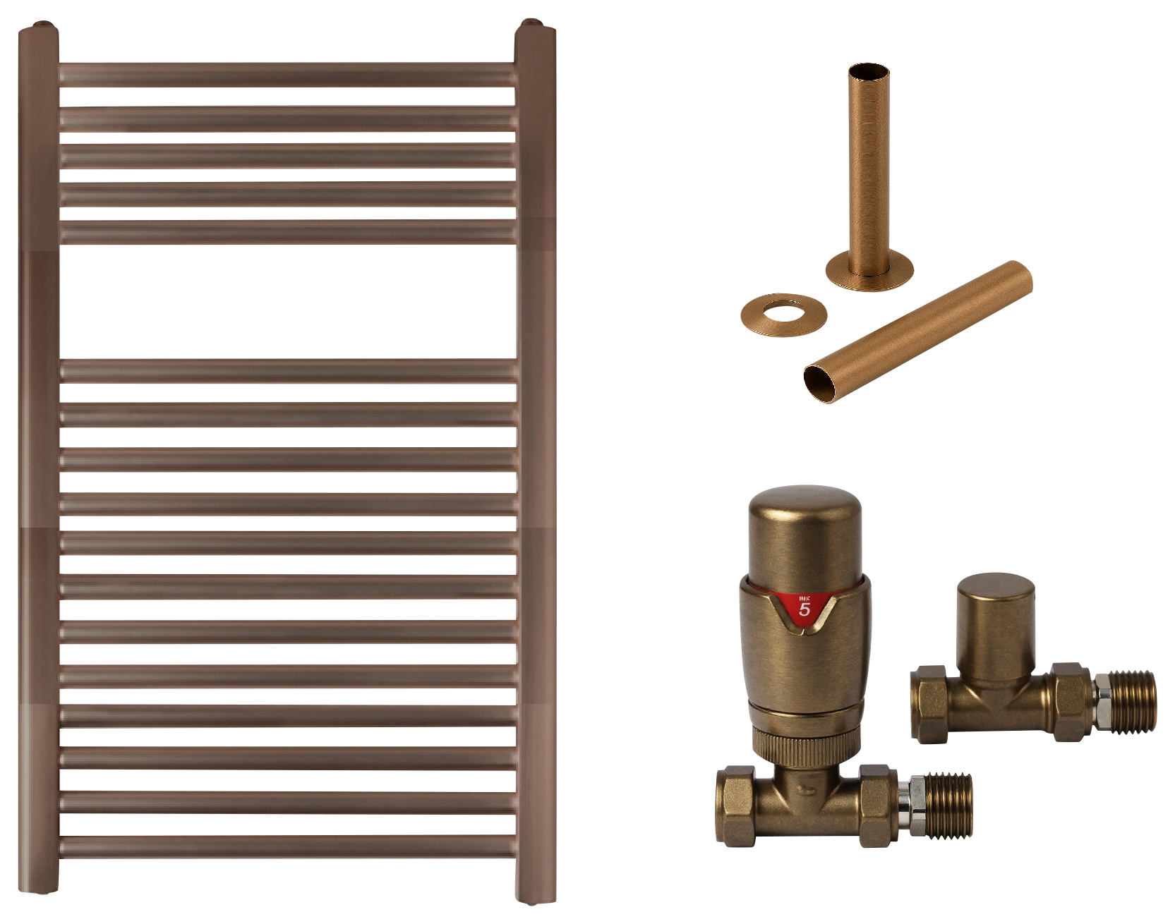 Towelrads Pisa 1200 x 500mm Brushed Bronze Designer Towel Radiator with Straight TRV & Pipe Sleeve
