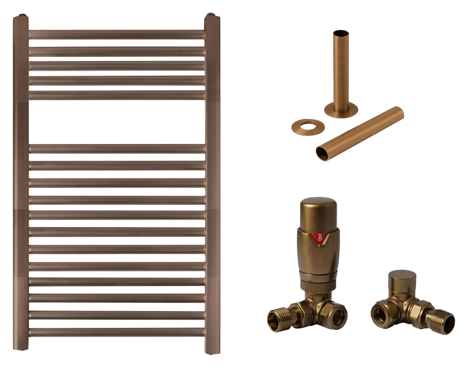 Towelrads Pisa 1200 x 500mm Brushed Bronze Designer Towel Radiator with Corner TRV & Pipe Sleeve