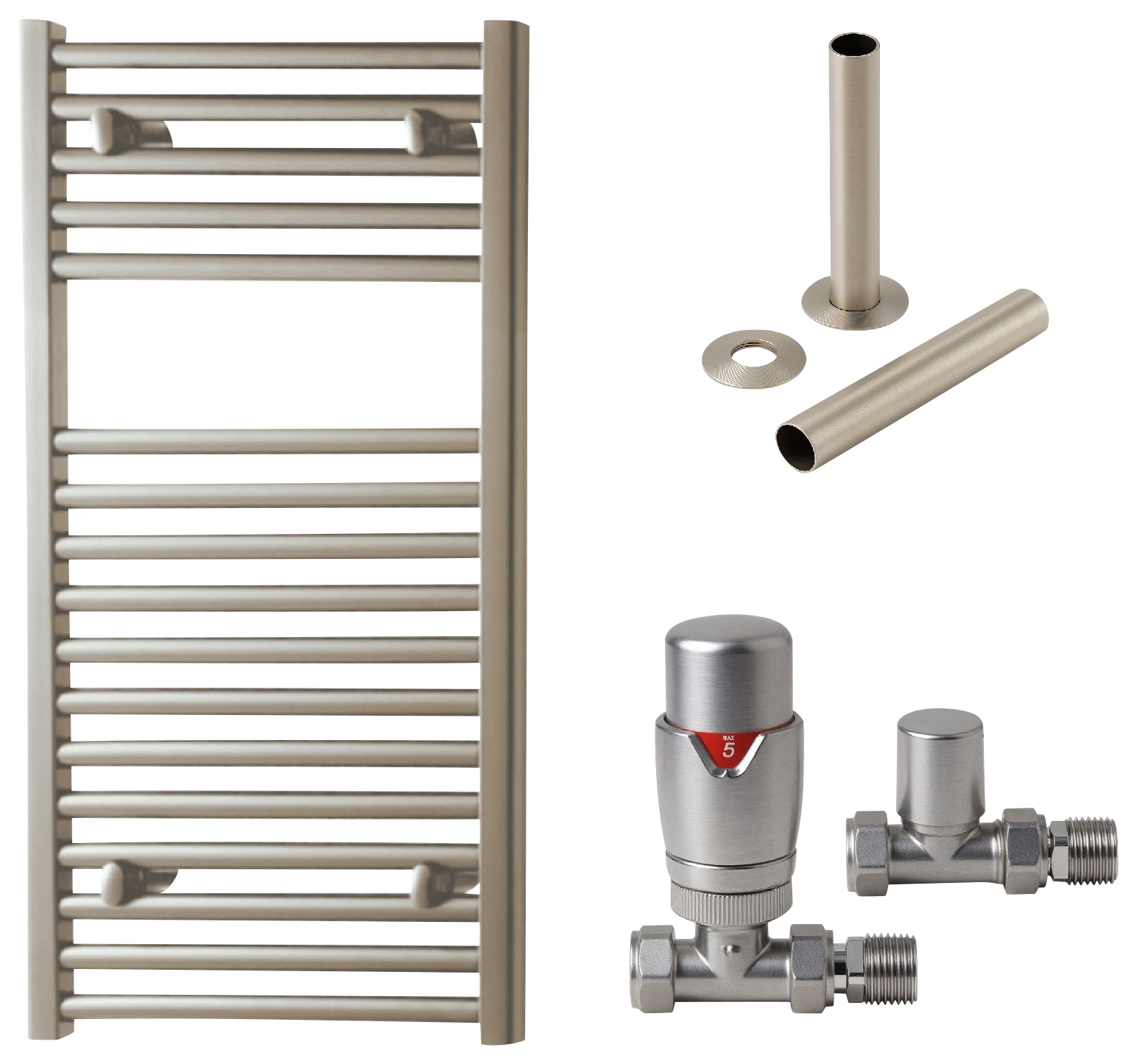 Towelrads Pisa 1200 x 500mm Brushed Nickel Designer Towel Radiator with Straight TRV & Pipe Sleeve