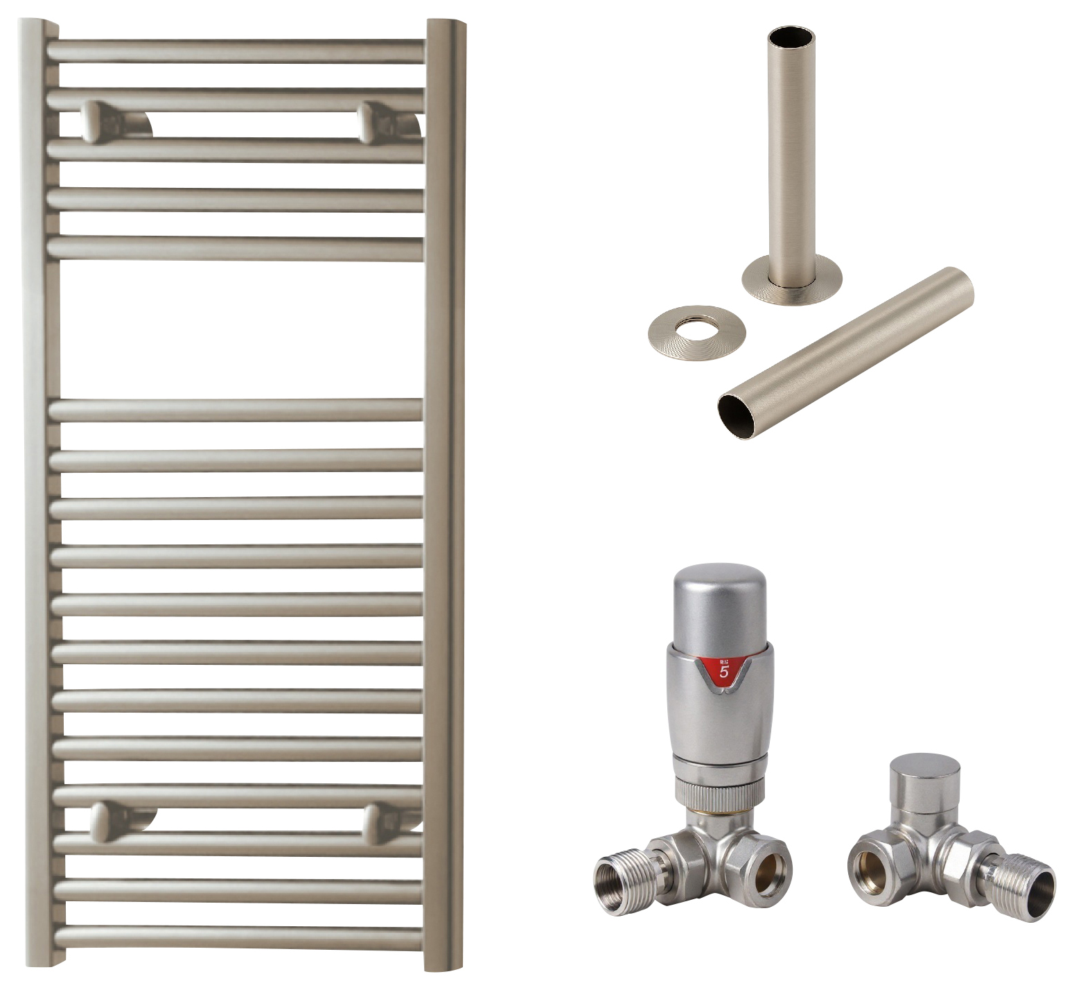 Towelrads Pisa 1200 x 500mm Brushed Nickel Designer Towel Radiator with Corner TRV & Pipe Sleeve