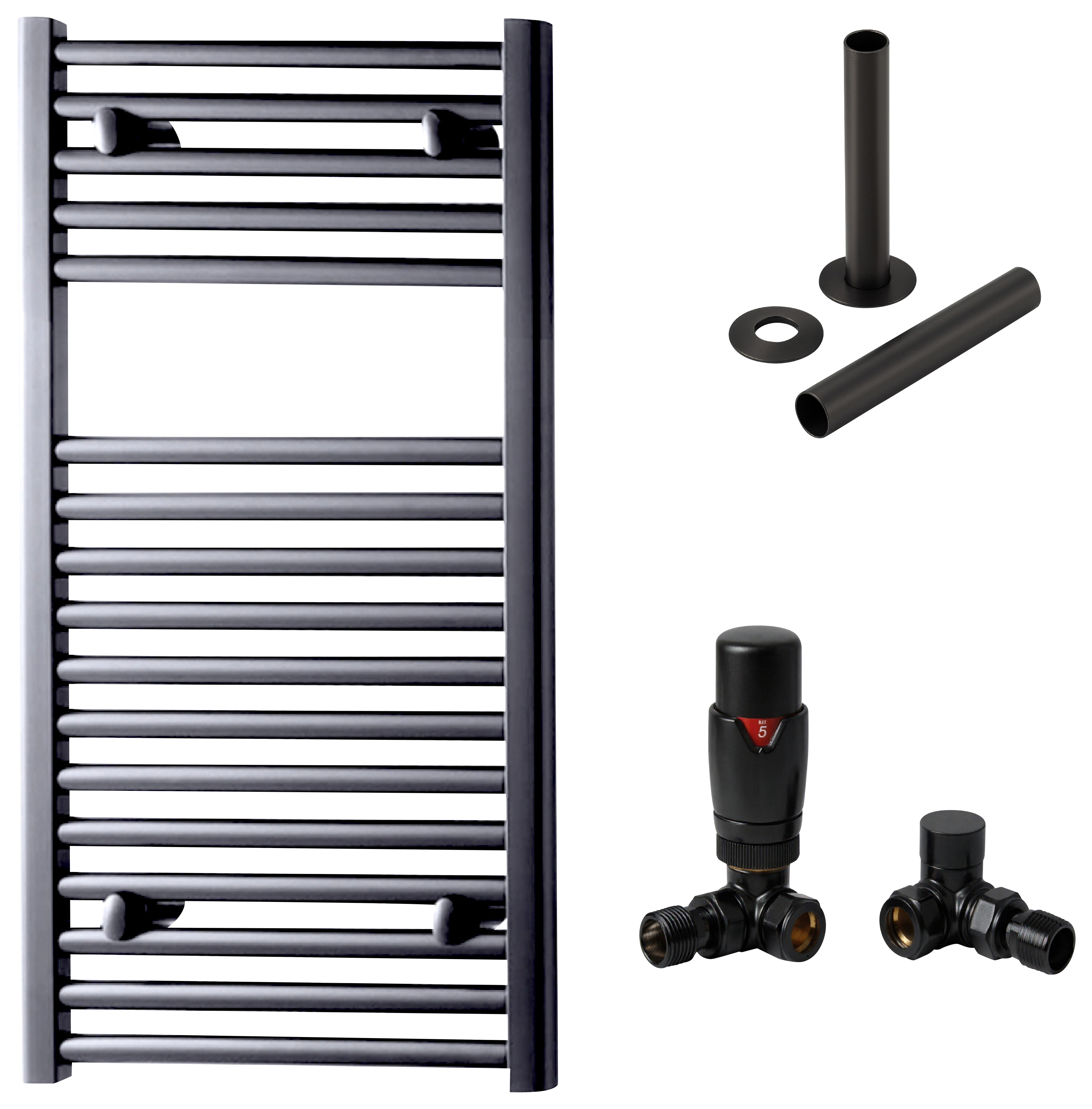Towelrads Pisa 1200 x 500mm Brushed Black Designer Towel Radiator with Corner TRV & Pipe Sleeve